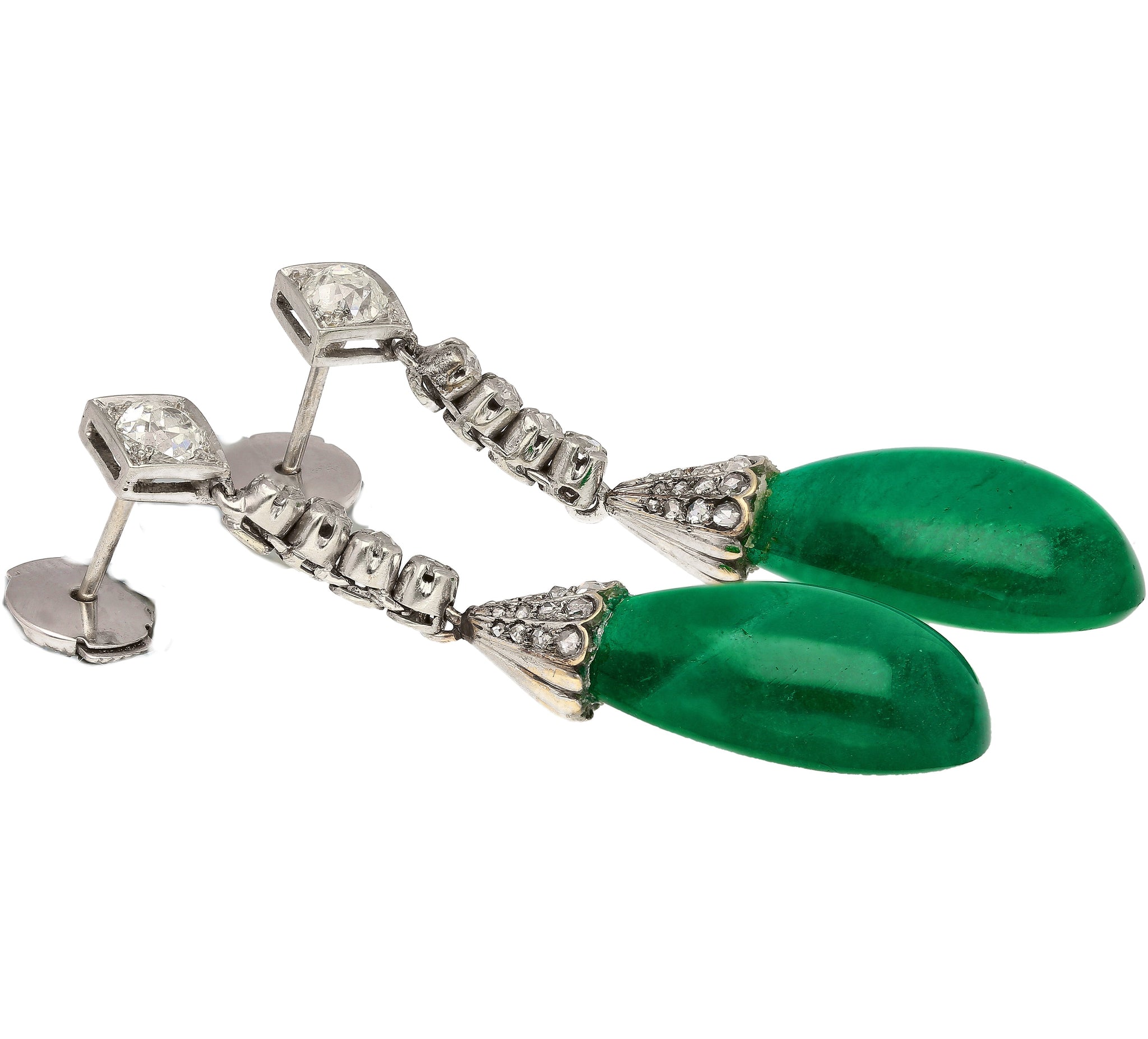Art Deco Era 21 Carat Cabochon Pear Shape Emerald Drop Earrings | Circa 1940