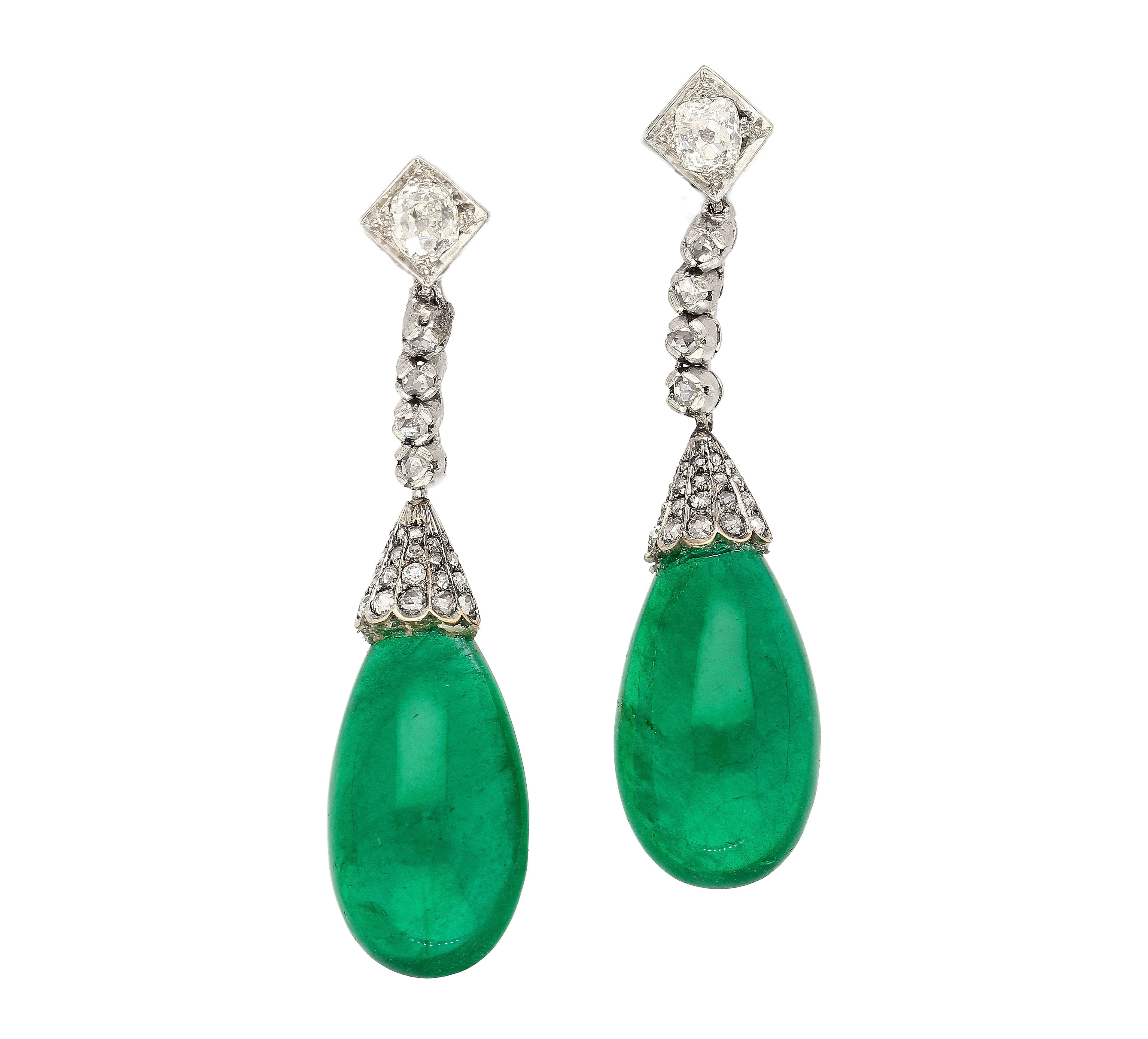 Art Deco Era 21 Carat Cabochon Pear Shape Emerald Drop Earrings | Circa 1940-Earrings-ASSAY