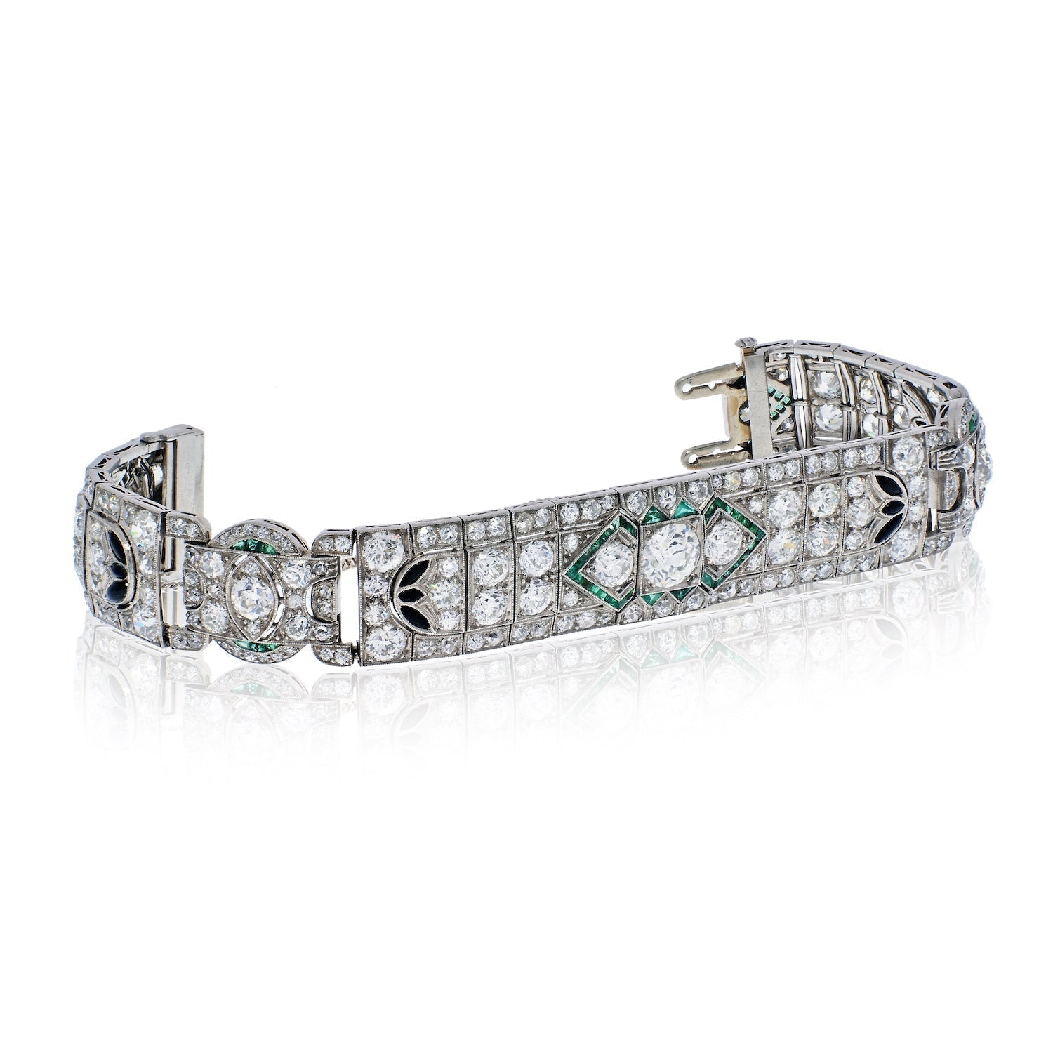 Art Deco Old-European Cut Diamond, Emerald and Onyx Platinum Art Deco Bracelet - ASSAY