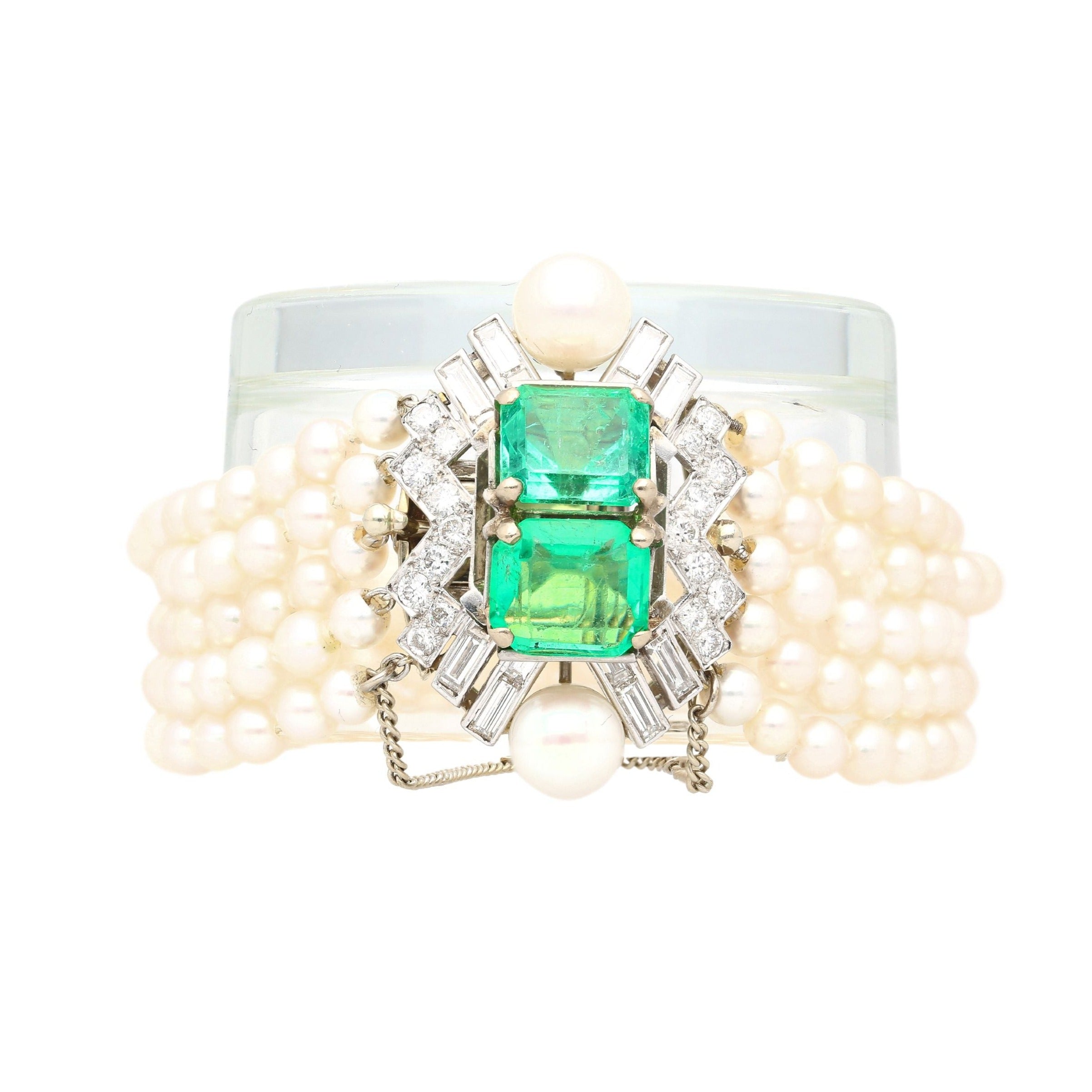 Art Deco Platinum 5-Row Pearl Bracelet with 8 CTW in Emeralds and Diamonds-Bracelet-ASSAY