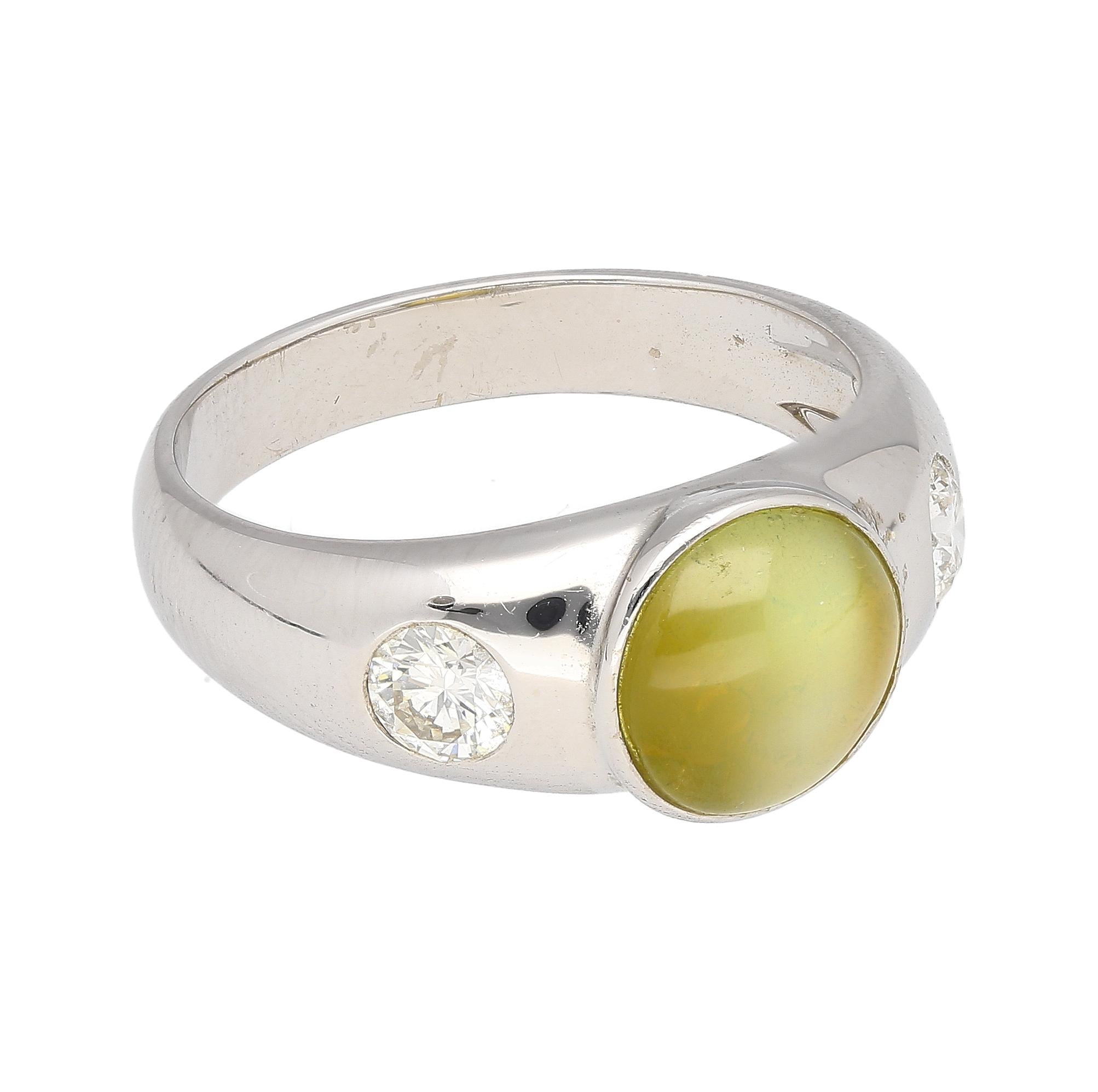Bezel Set Chrysoberyl Cat's Eye and Diamond Three Stone Ring in 18K White Gold