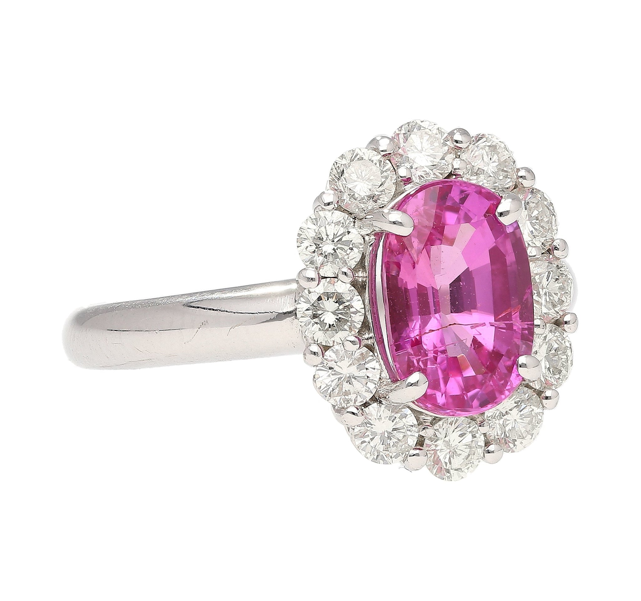 CGTL Certified 3.96 Carat Oval Cut Pink Sapphire and Diamond Halo Ring in 18k White Gold