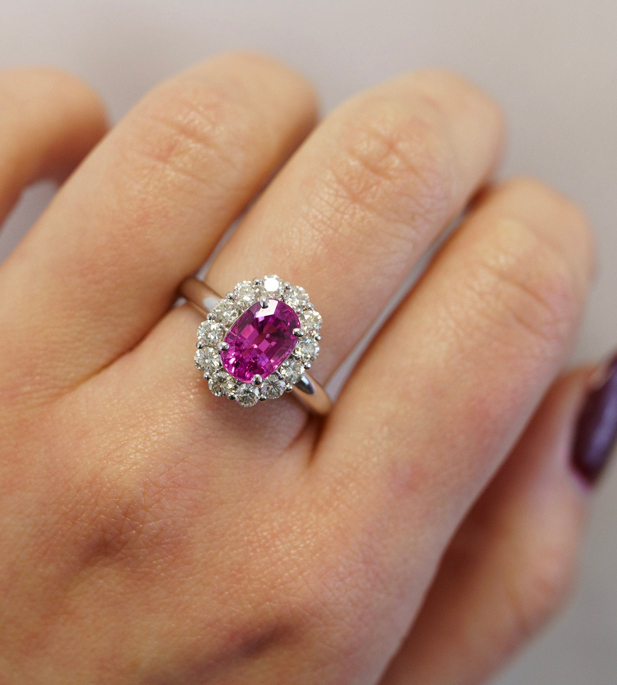 3 Carat Carat Oval Pink Sapphire Ring, Hidden Halo Gold Engagement Ring