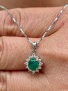 Cabochon Cut Emerald and Diamond pendant in 18k white gold floral/star design - ASSAY