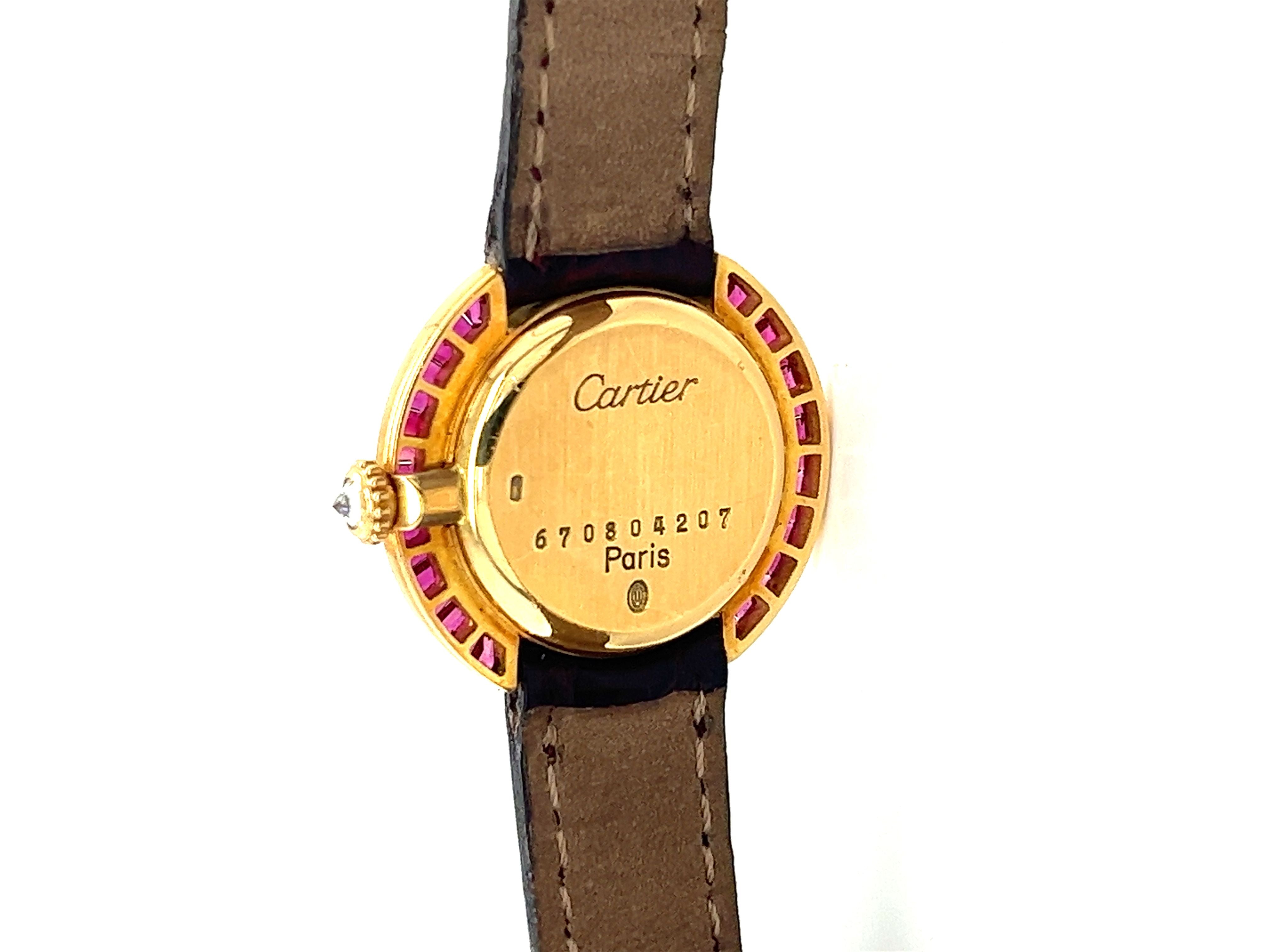 Cartier Paris 18K Gold and Leather 28MM Manual Wind Baguette Ruby and Diamond Watch-Watches-ASSAY