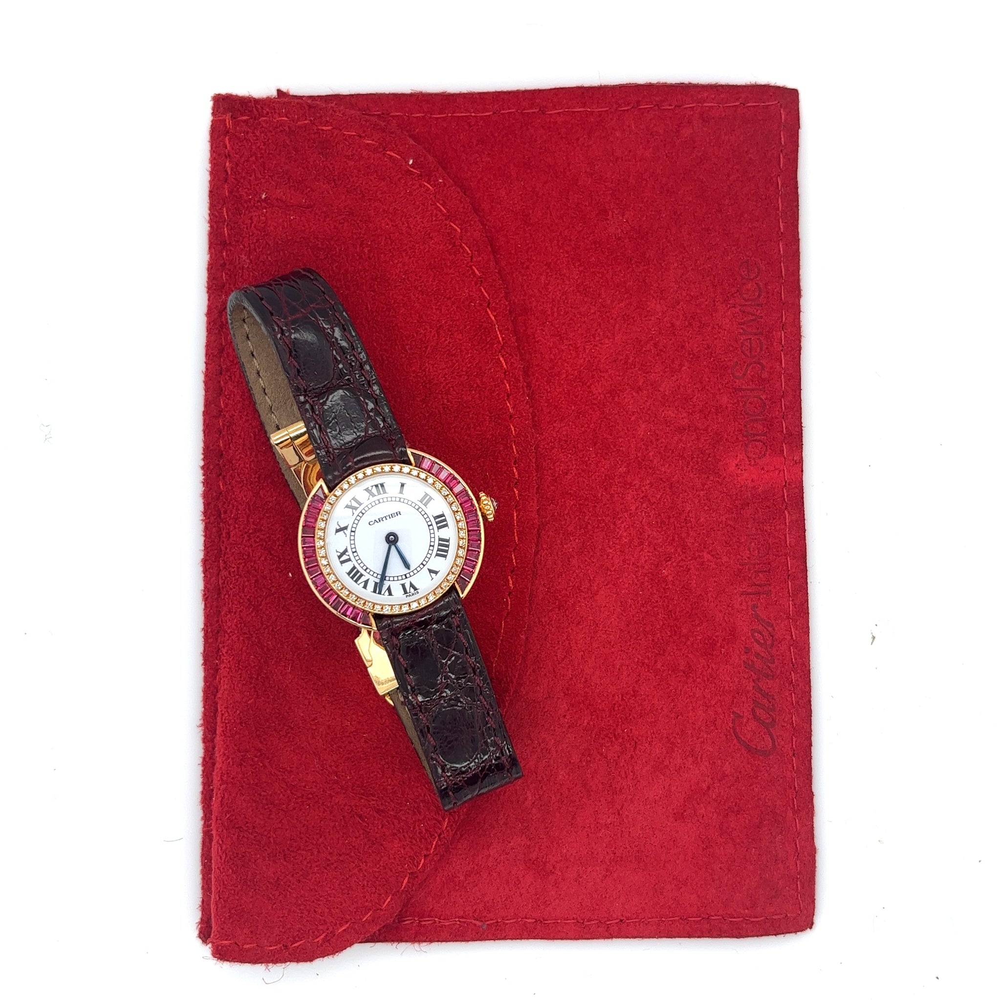 Cartier Paris 18K Gold and Leather 28MM Manual Wind Baguette Ruby and Diamond Watch