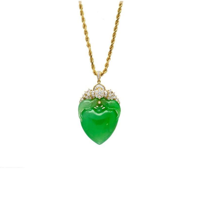 Carved Heart Jadeite Jade Two Bird Feeding Motif Pendant Necklace in 18k Yellow Gold