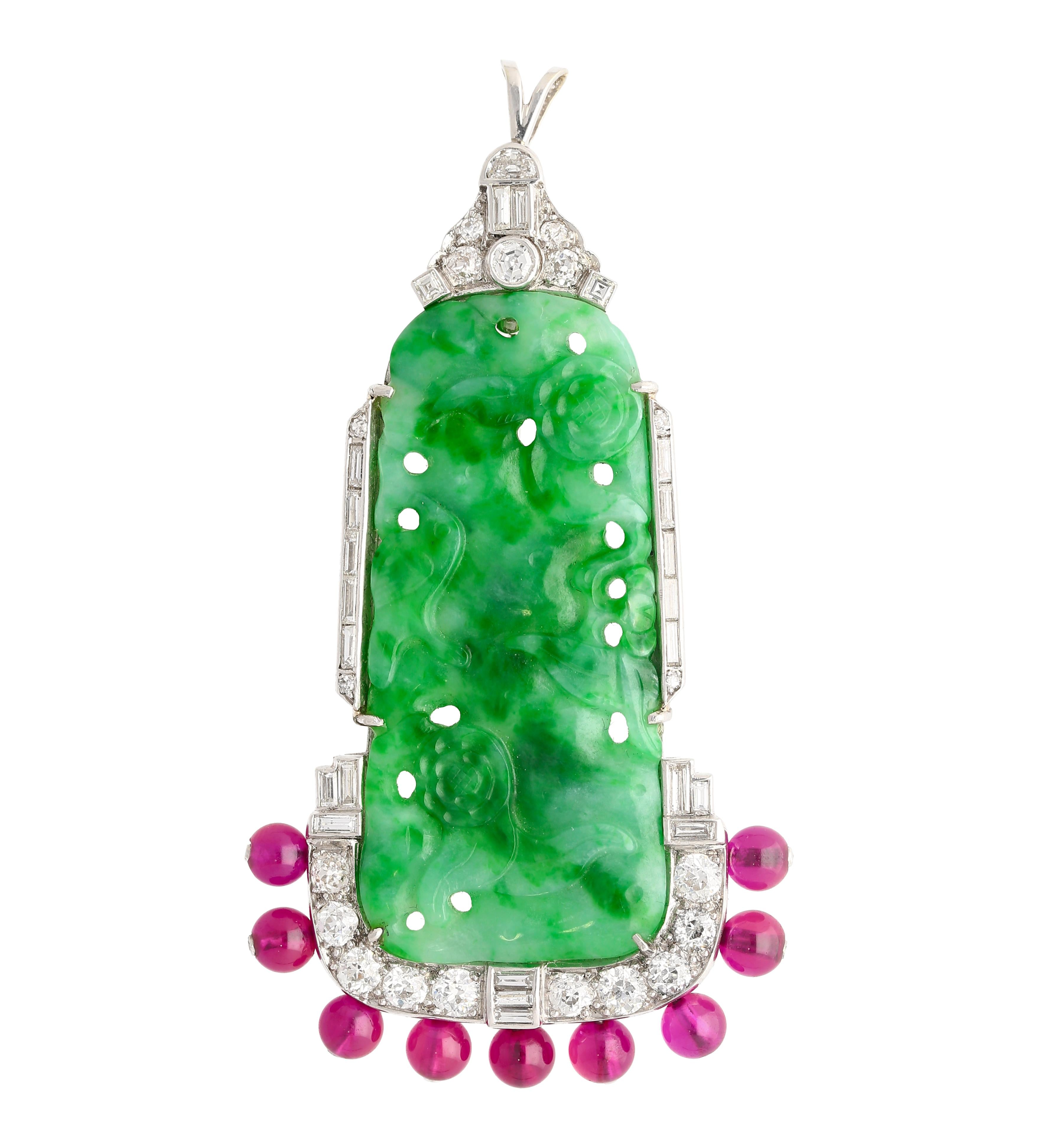 Carved Jadeite Jade & Diamond Pin and Synthetic Dangling Ruby Bead Platinum Pin