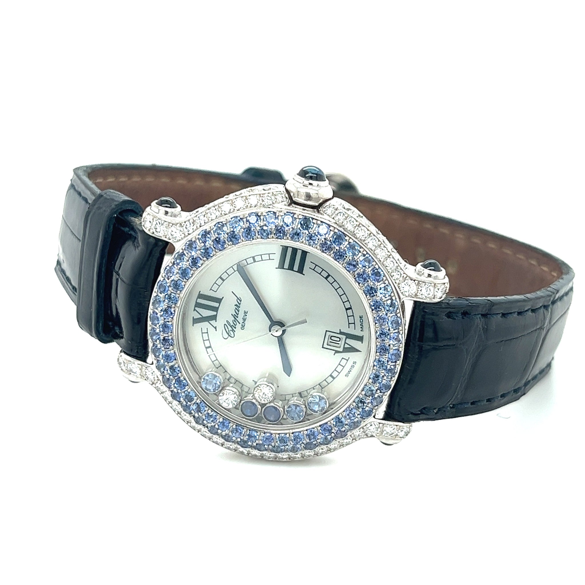 Chopard 18K White Gold Happy Sport Blue Sapphire and Diamond Watch | Pouch & Papers-ASSAY