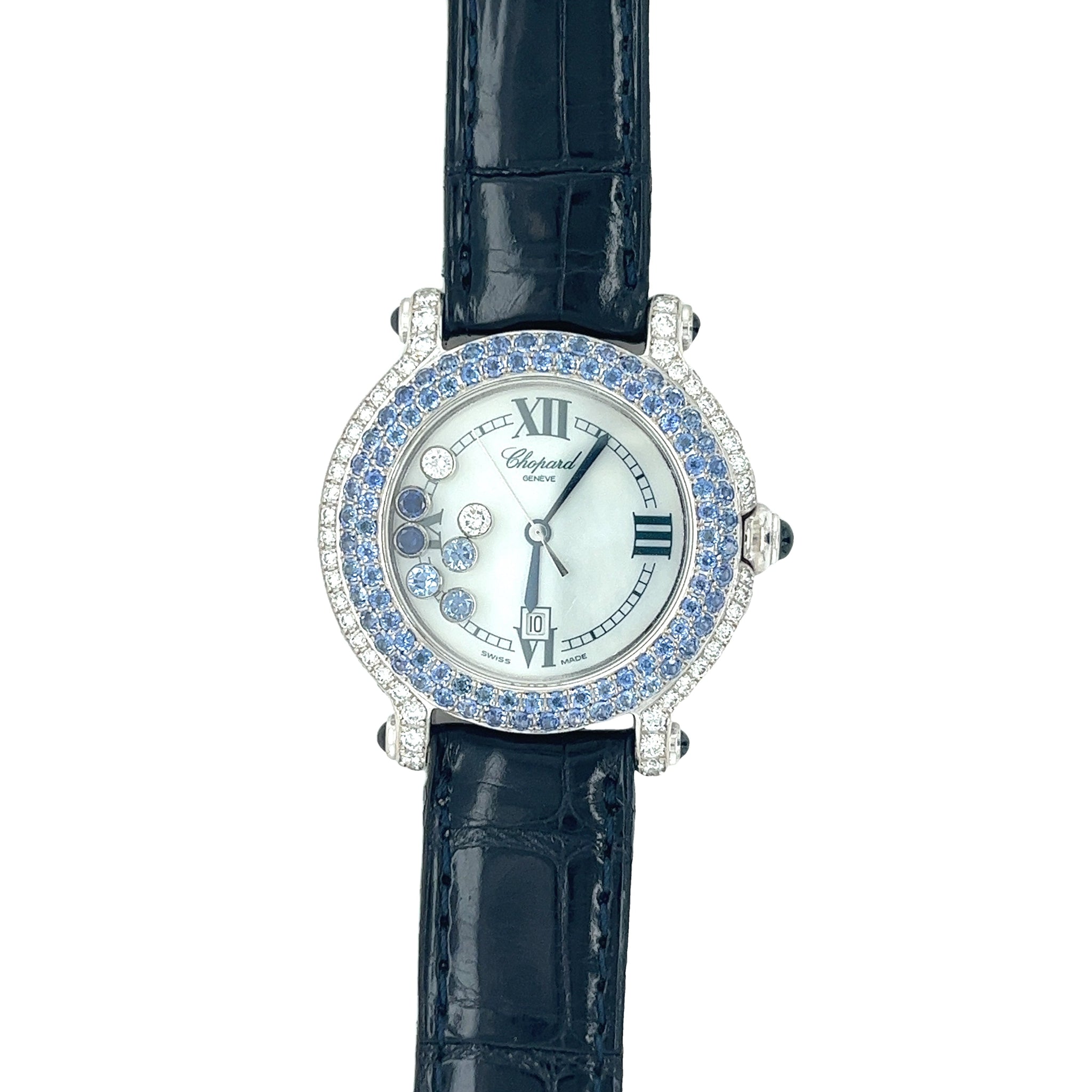 Chopard 18K White Gold Happy Sport Blue Sapphire and Diamond Watch | Pouch & Papers