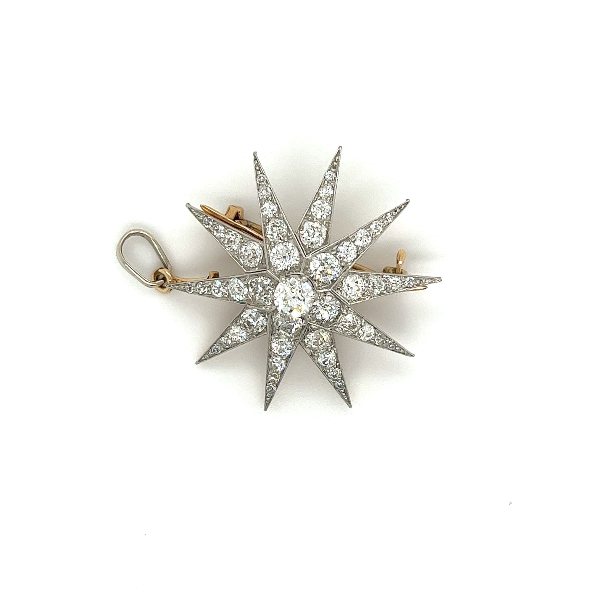 Dreicer & Co. Old Euro Cut Diamond Star Shaped Pendant or Pin in 18Kt Gold and Platinum-diamond pendant-ASSAY