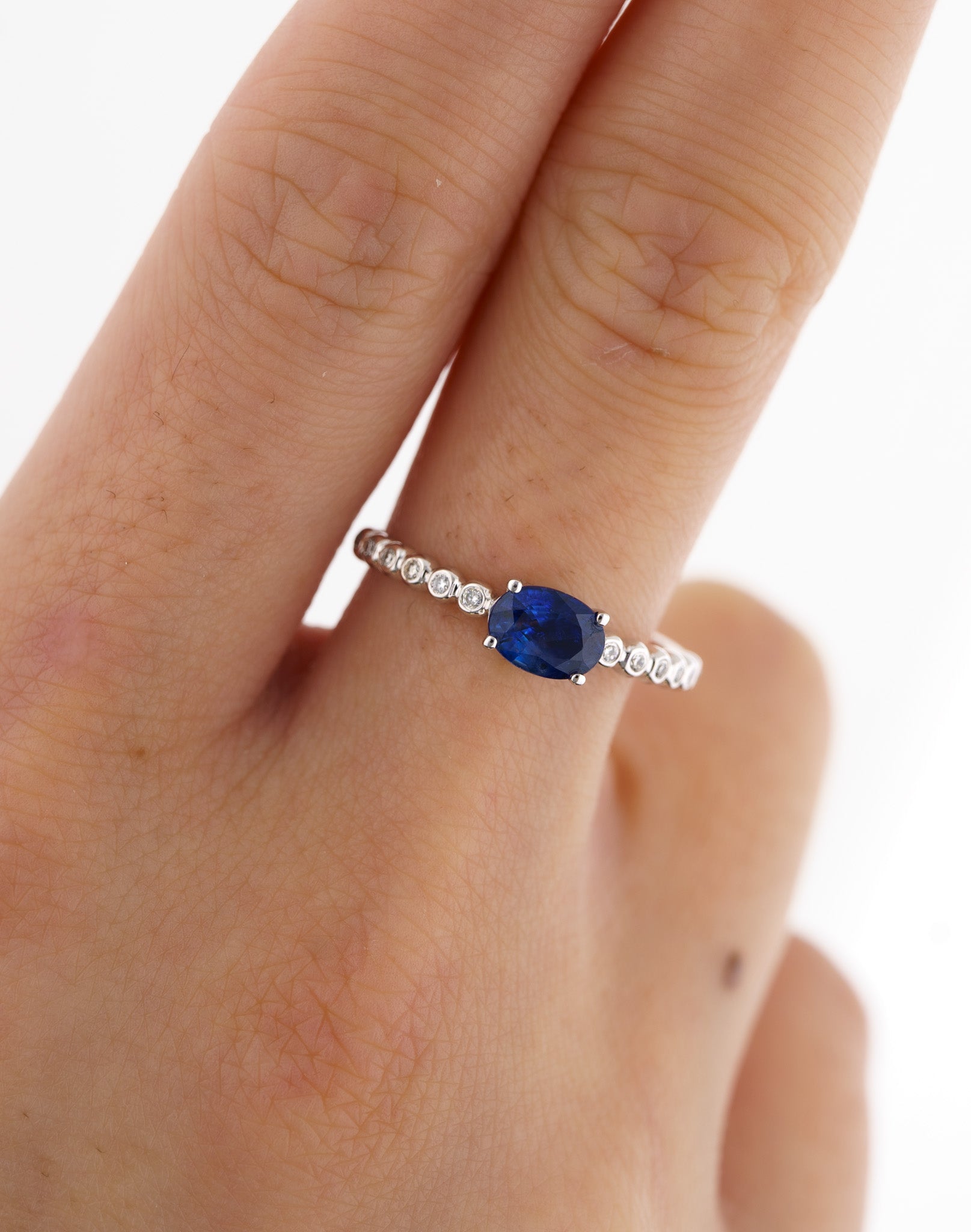 East West Oval Blue Sapphire and Diamond 18K White Gold Textured Ring-Rings-ASSAY