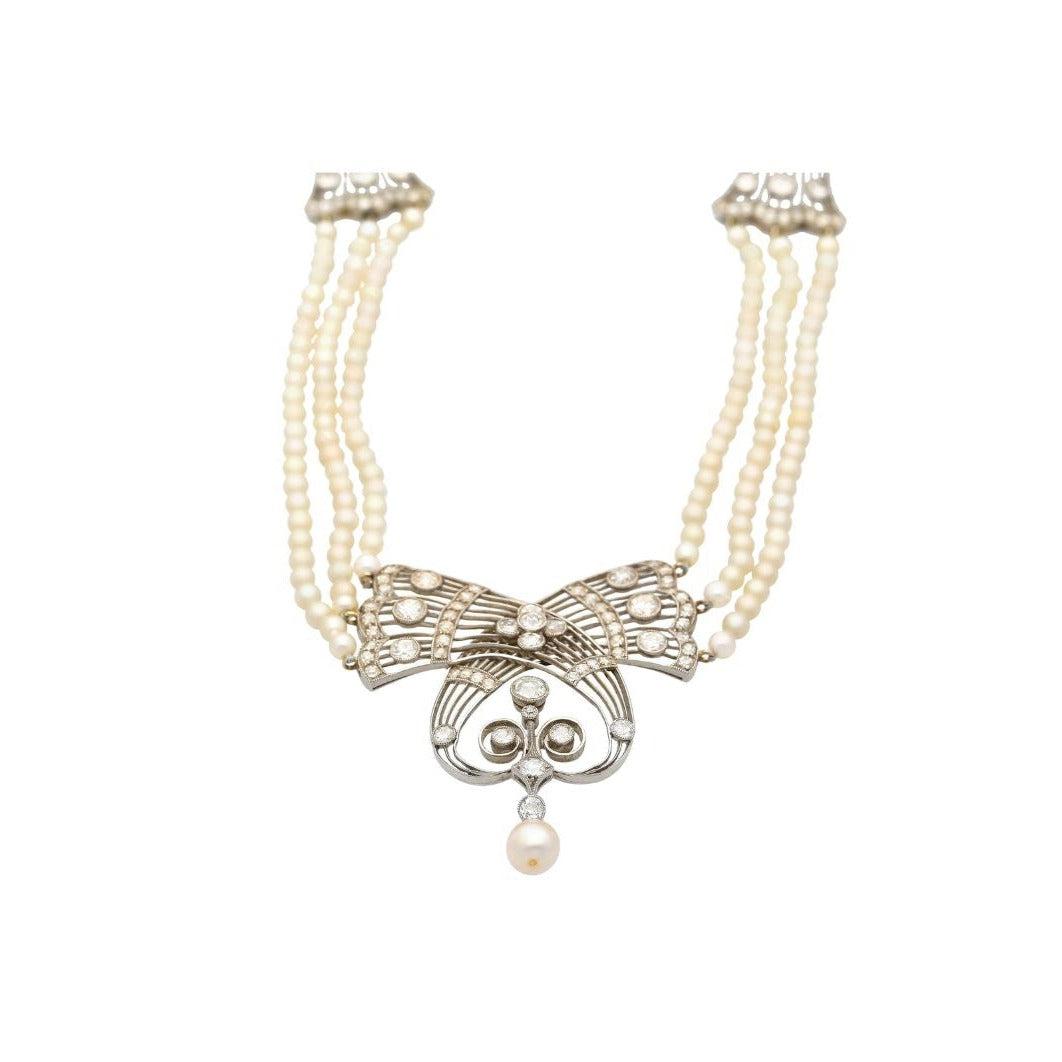 Edwardian Era GIA Certified Natural Saltwater Pearl and Old Euro Diamond Necklace in Platinum