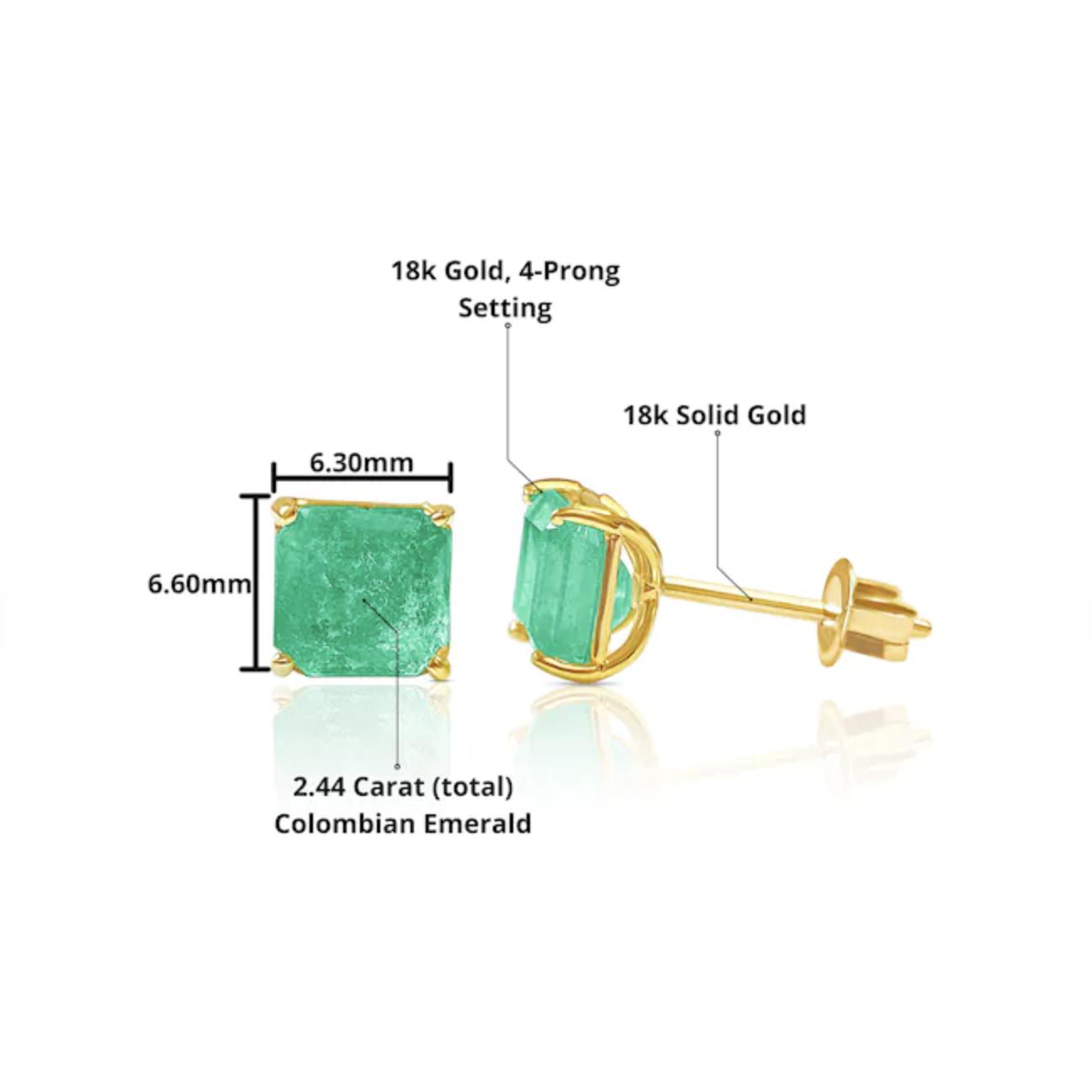 Emerald Cut Natural Emerald Stud Earrings in 18k Solid Gold - ASSAY