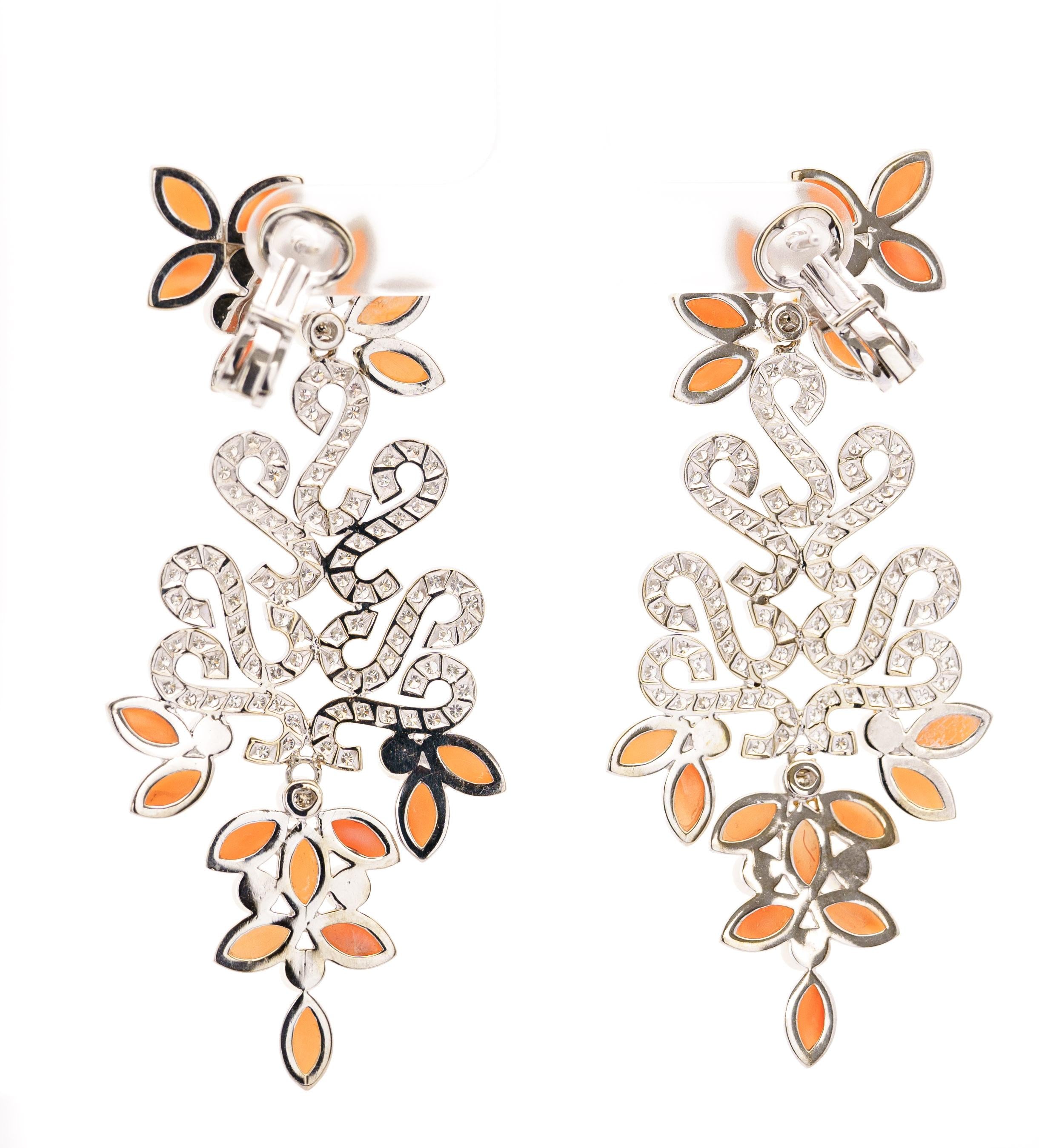Floral Marquise Coral, Pearl, And Diamond Drop Earrings in 18k White Gold