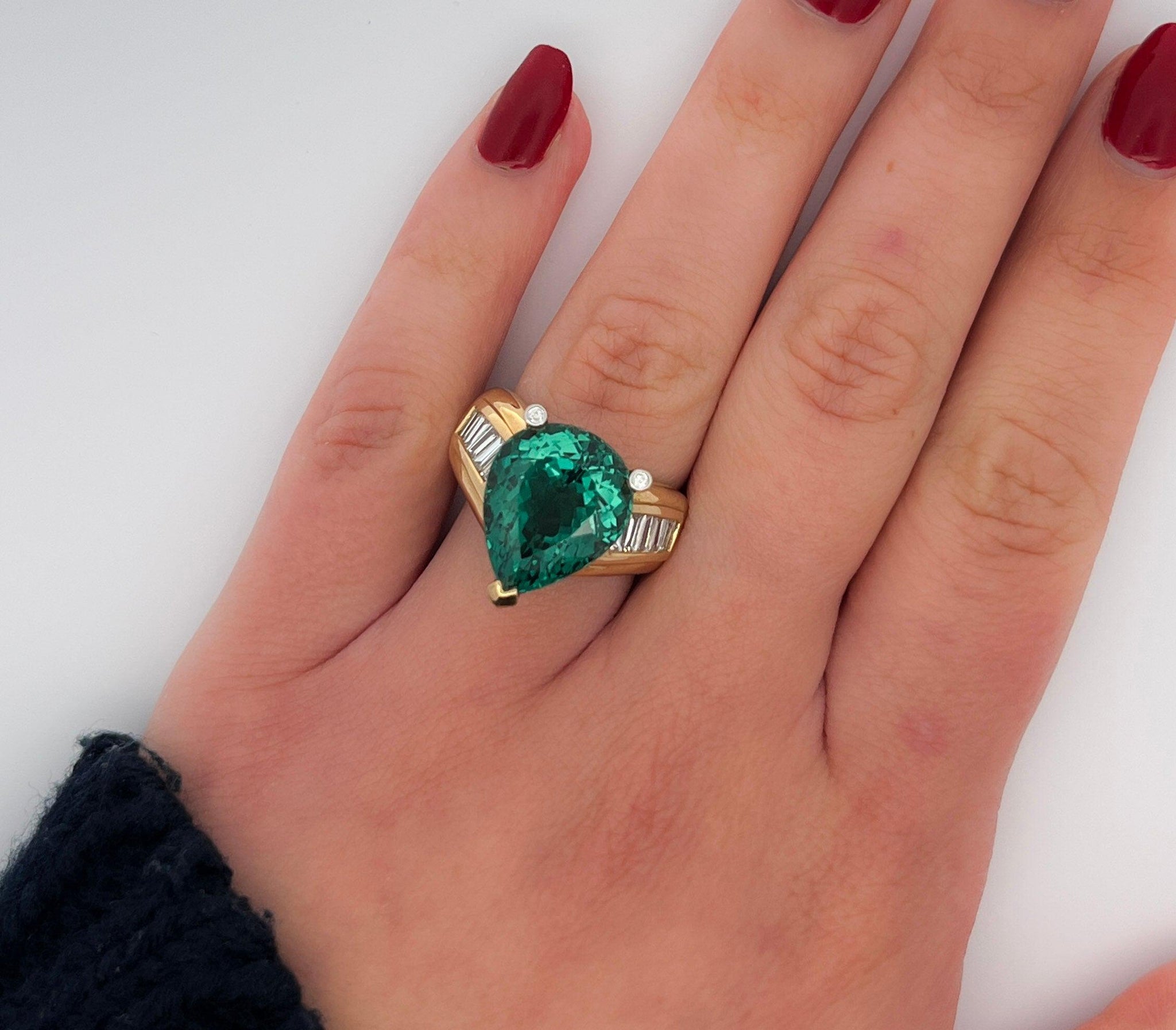 GIA Certified 11 Carat Bluish Green Pear-Cut Tourmaline & Baguette Diamond Ring-Rings-ASSAY