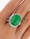 GIA Certified 14.68 Carat Grade A Jadeite Jade Ring with Diamond in 18K Gold-ASSAY