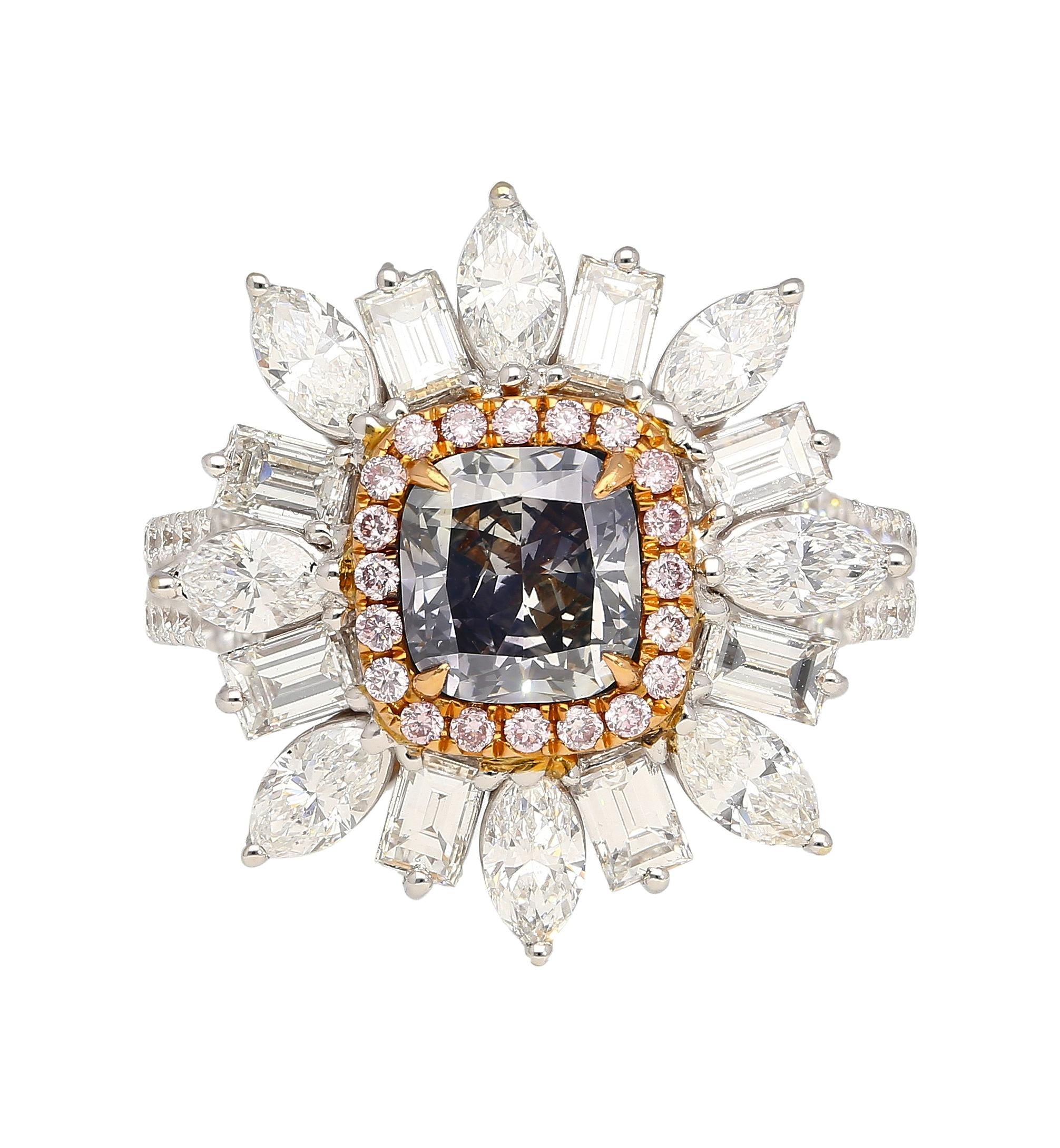 GIA Certified 1.01 Carat Fancy Blue Diamond, Pink Diamond and Diamond 18K Ring