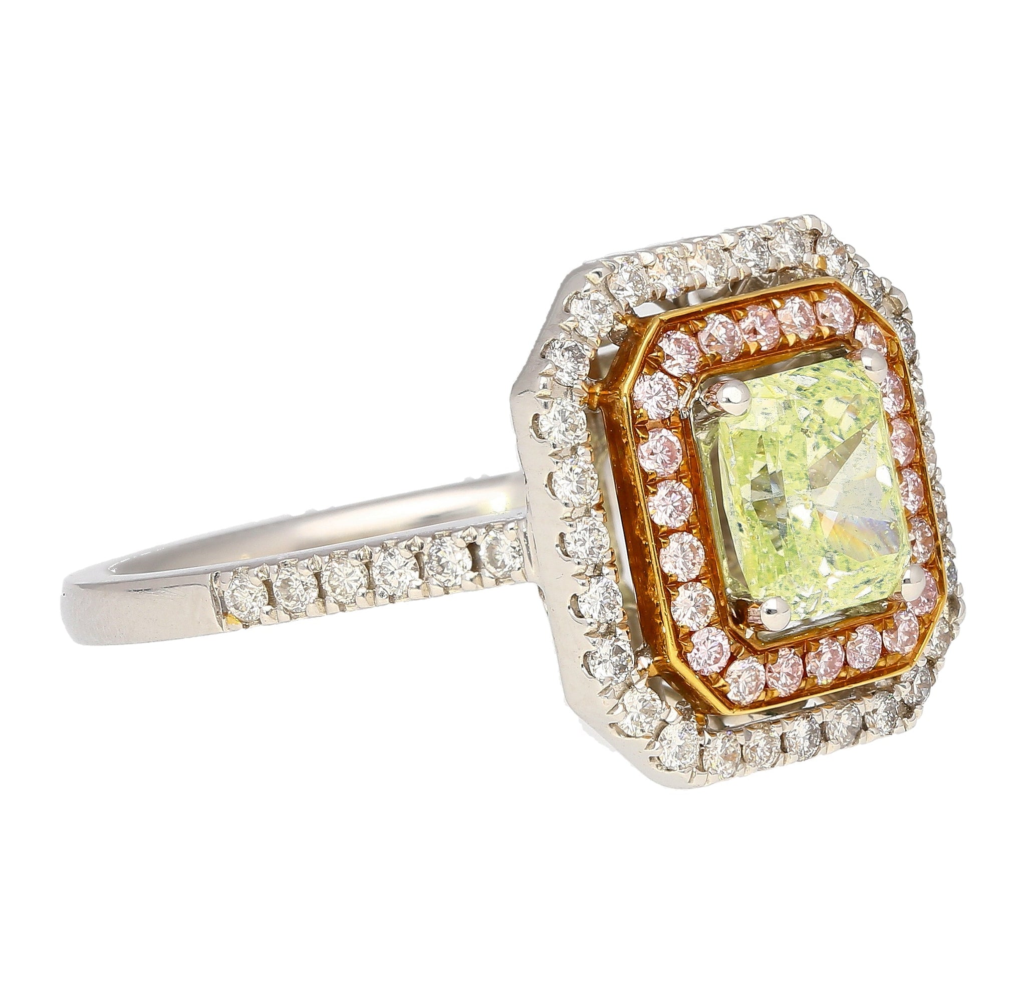 GIA Certified 1.12 carat Radiant Cut Fancy Light Green-Yellow Diamond and Diamond Halo Ring