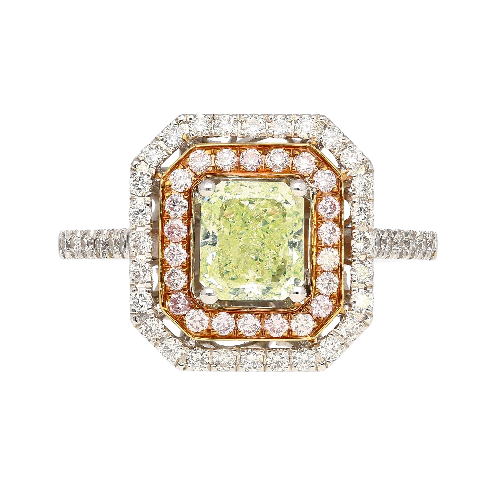 GIA Certified 1.12 carat Radiant Cut Fancy Light Green-Yellow Diamond and Diamond Halo Ring