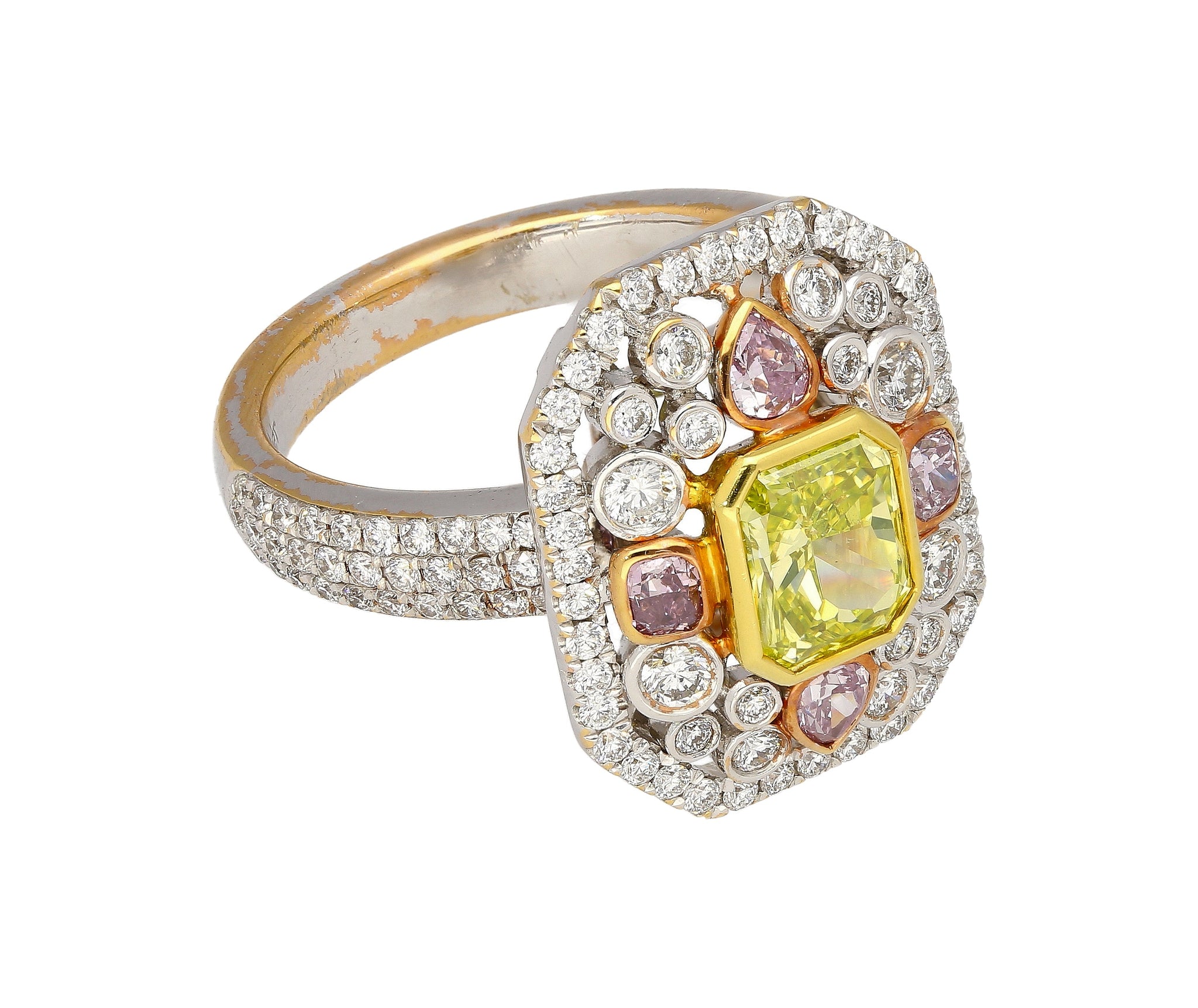 GIA Certified 1.15 Carat Radiant Cut Fancy Intense Yellowish Green Diamond Ring With Pink/White Side Stones