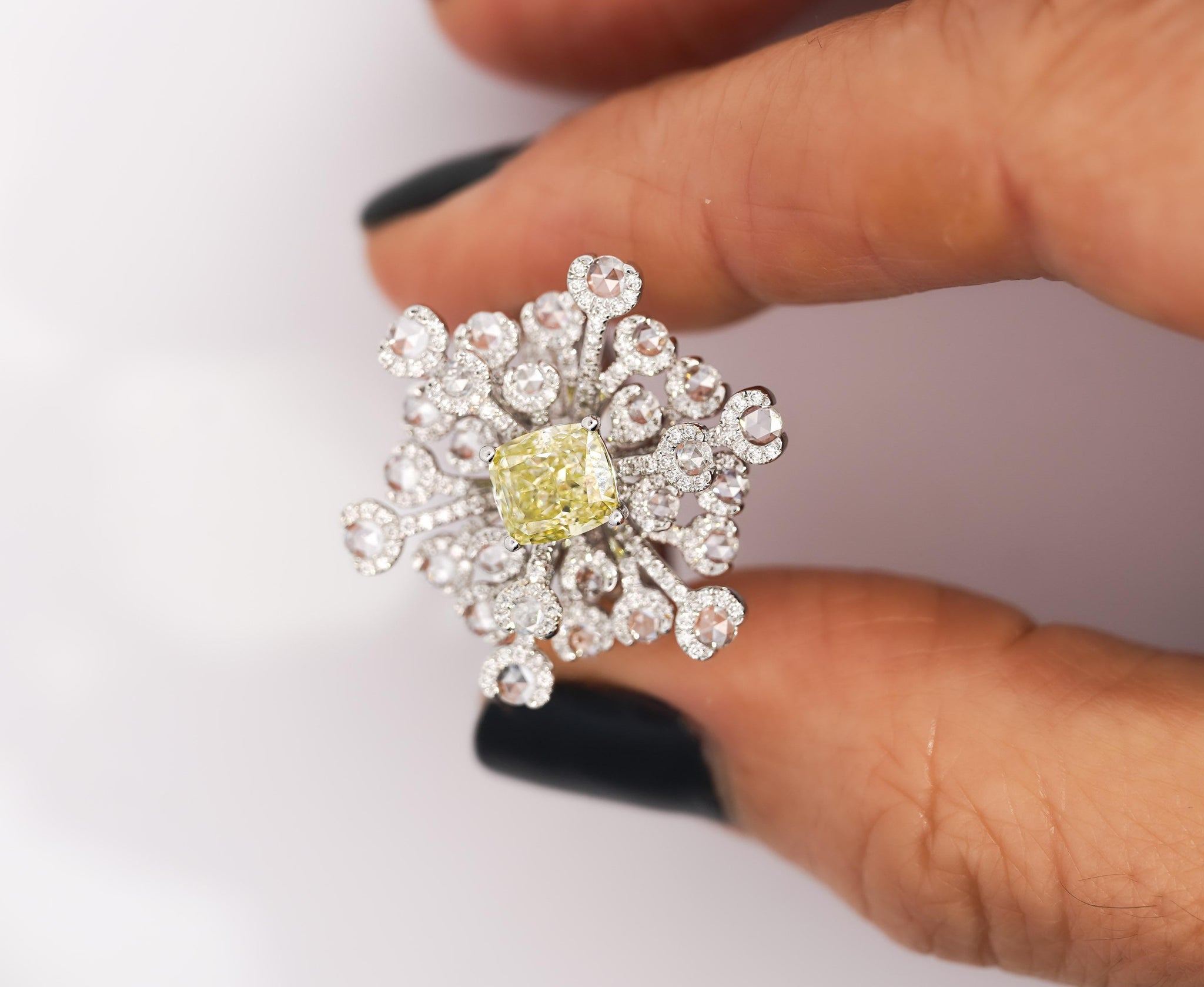 GIA Certified 1.52 Carat Fancy Greenish Yellow Diamond Briolette Snowflake Ring