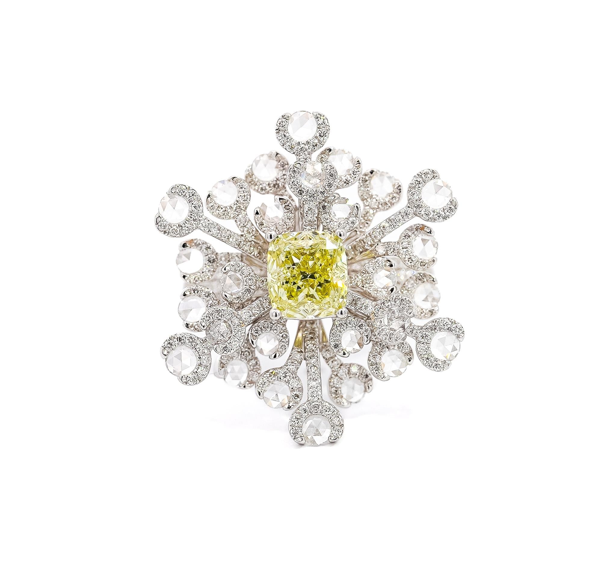 GIA Certified 1.52 Carat Fancy Greenish Yellow Diamond Briolette Snowflake Ring