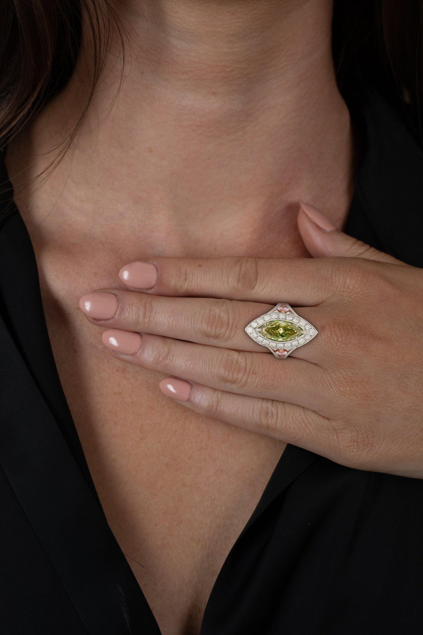 GIA Certified 1.92 carat Brownish Greenish Yellow Marquise Cut Diamond Ring