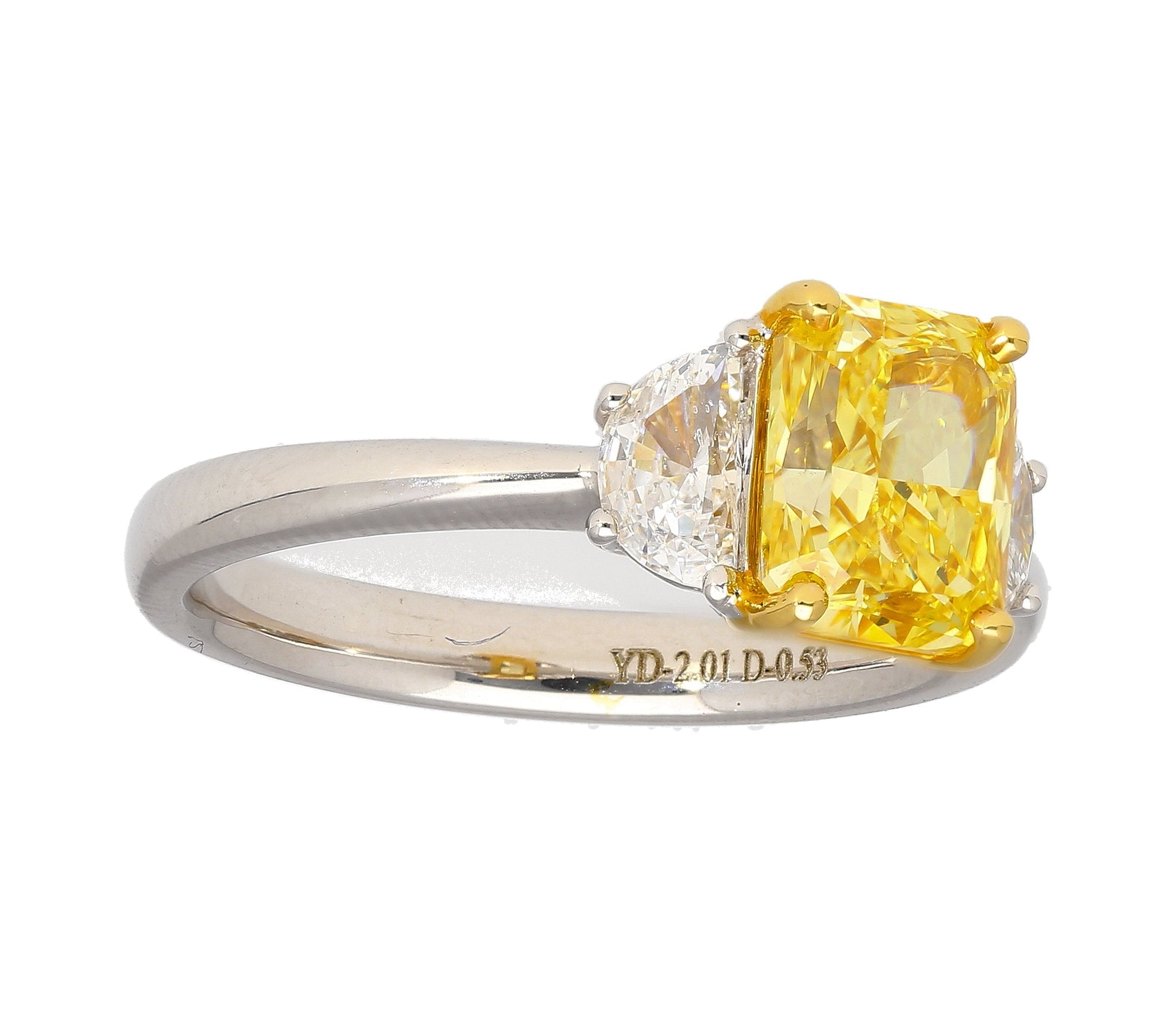GIA Certified 2 Carat Fancy Vivid Yellow Radiant Cut Diamond 3-Stone Ring With Half Moon Diamond Side Stones-Rings-ASSAY