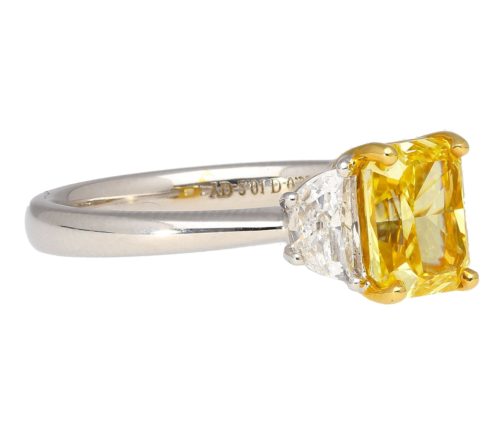 GIA Certified 2 Carat Fancy Vivid Yellow Radiant Cut Diamond 3-Stone Ring With Half Moon Diamond Side Stones