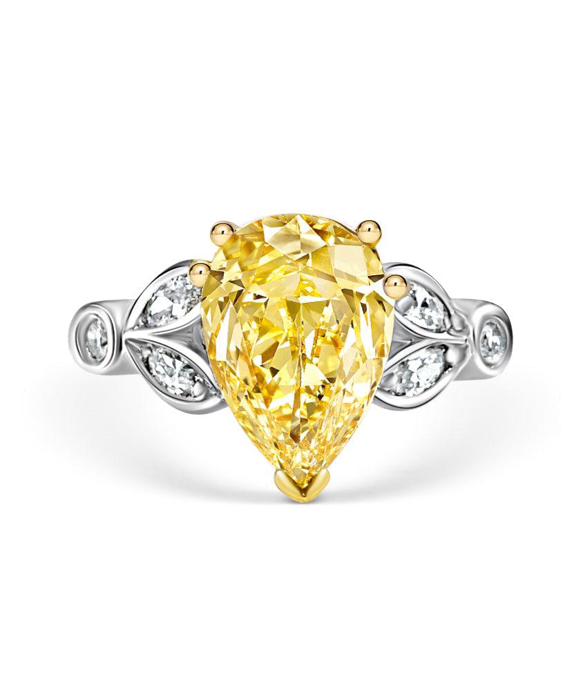GIA Certified 2.07 Carat Pear-Shape Fancy Yellow & White Diamond Platinum Ring-Rings-ASSAY