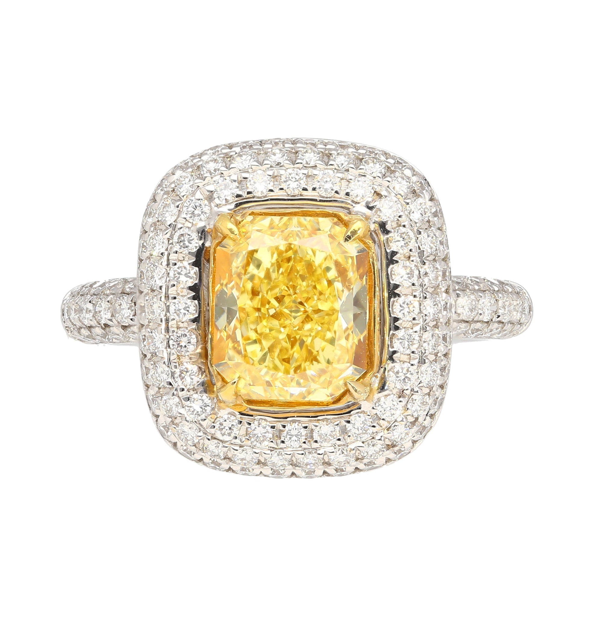 GIA Certified 2.35 Fancy Yellow Diamond Ring With 1.0 CTW Diamond Cluster in 18K White Gold