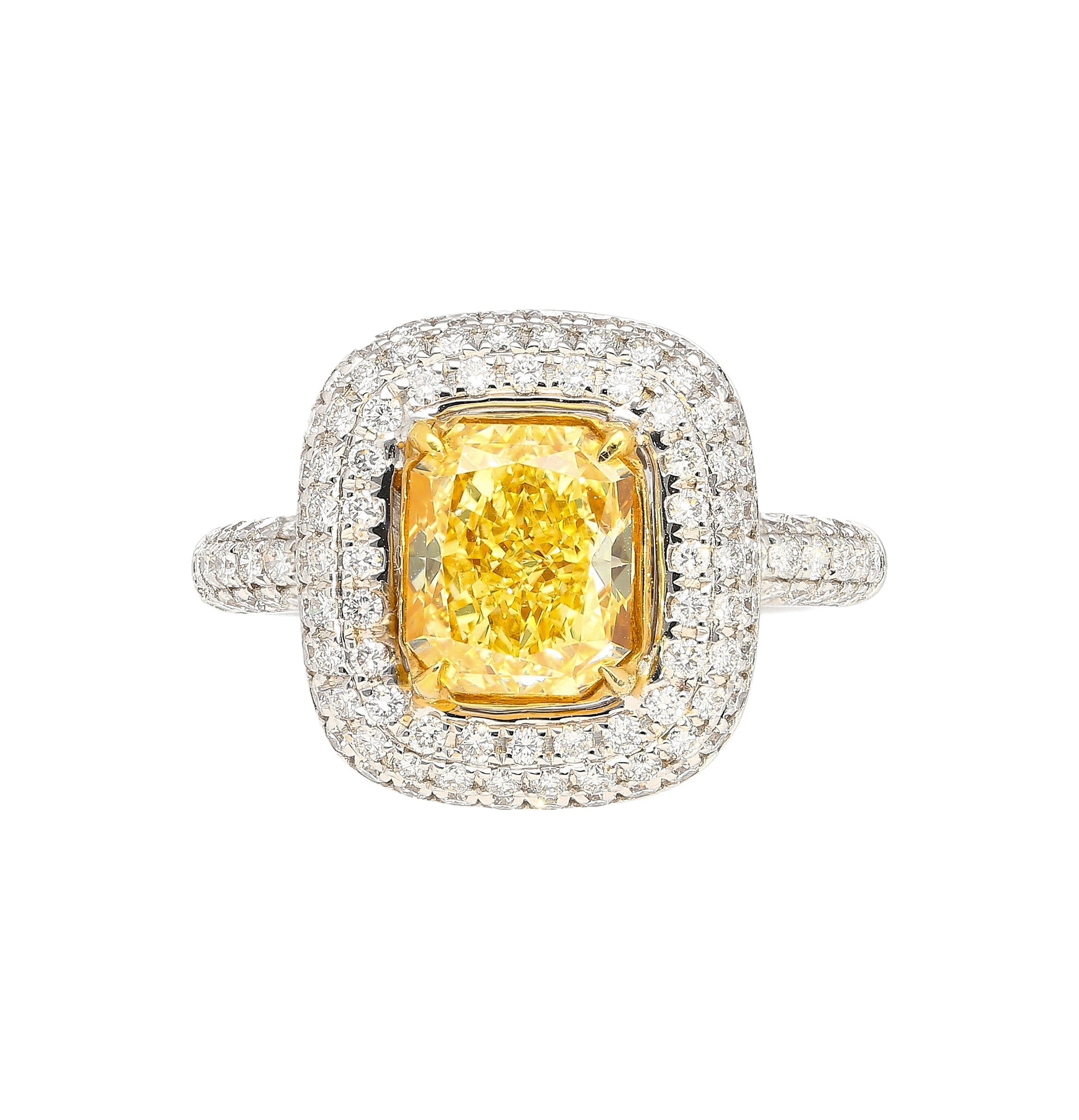 GIA Certified 2.35 Fancy Yellow Diamond Ring With 1.0 CTW Diamond Cluster in 18K White Gold