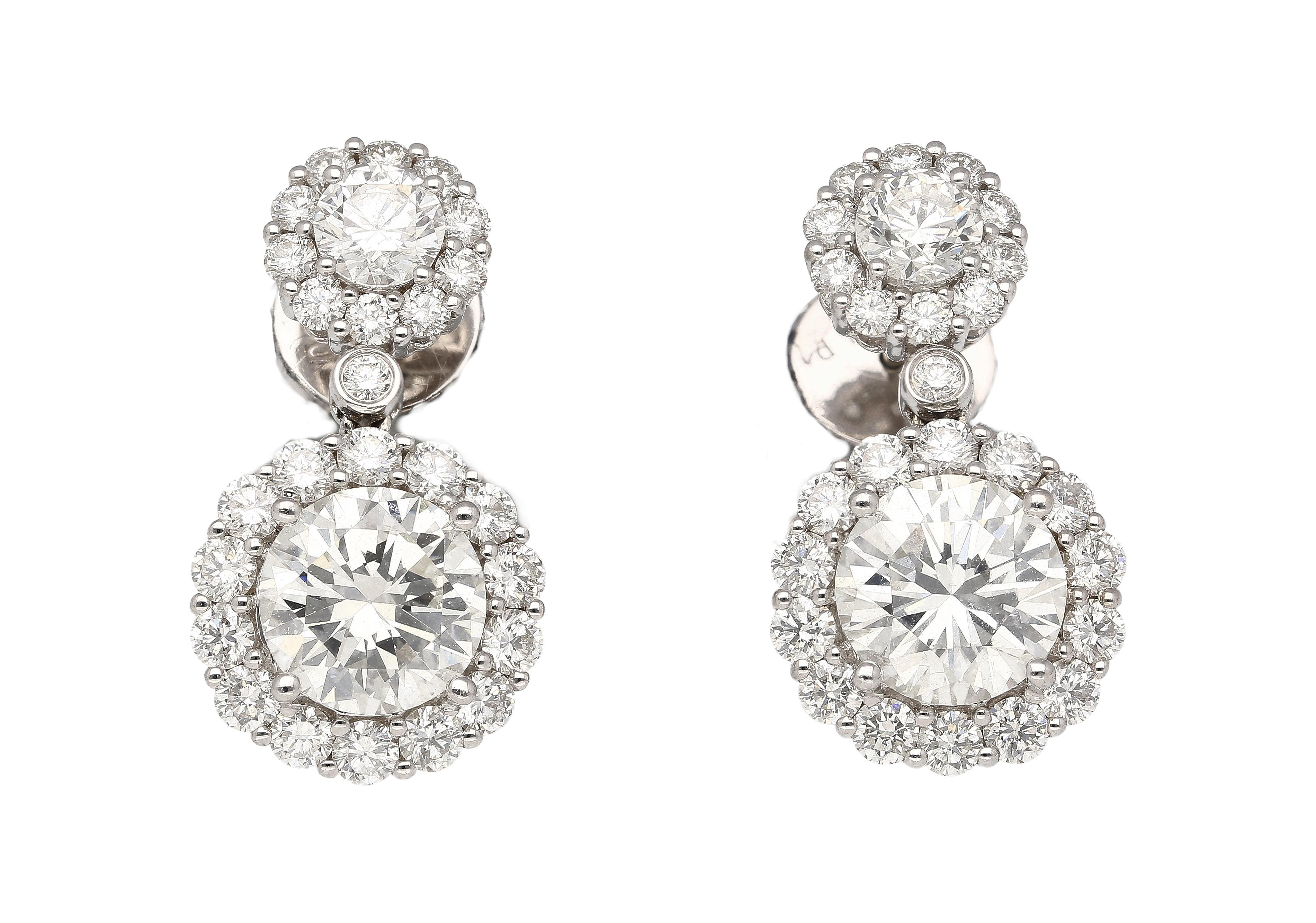 GIA Certified 3 Carat Round Cut 2-Stone Diamond Drop Earrings