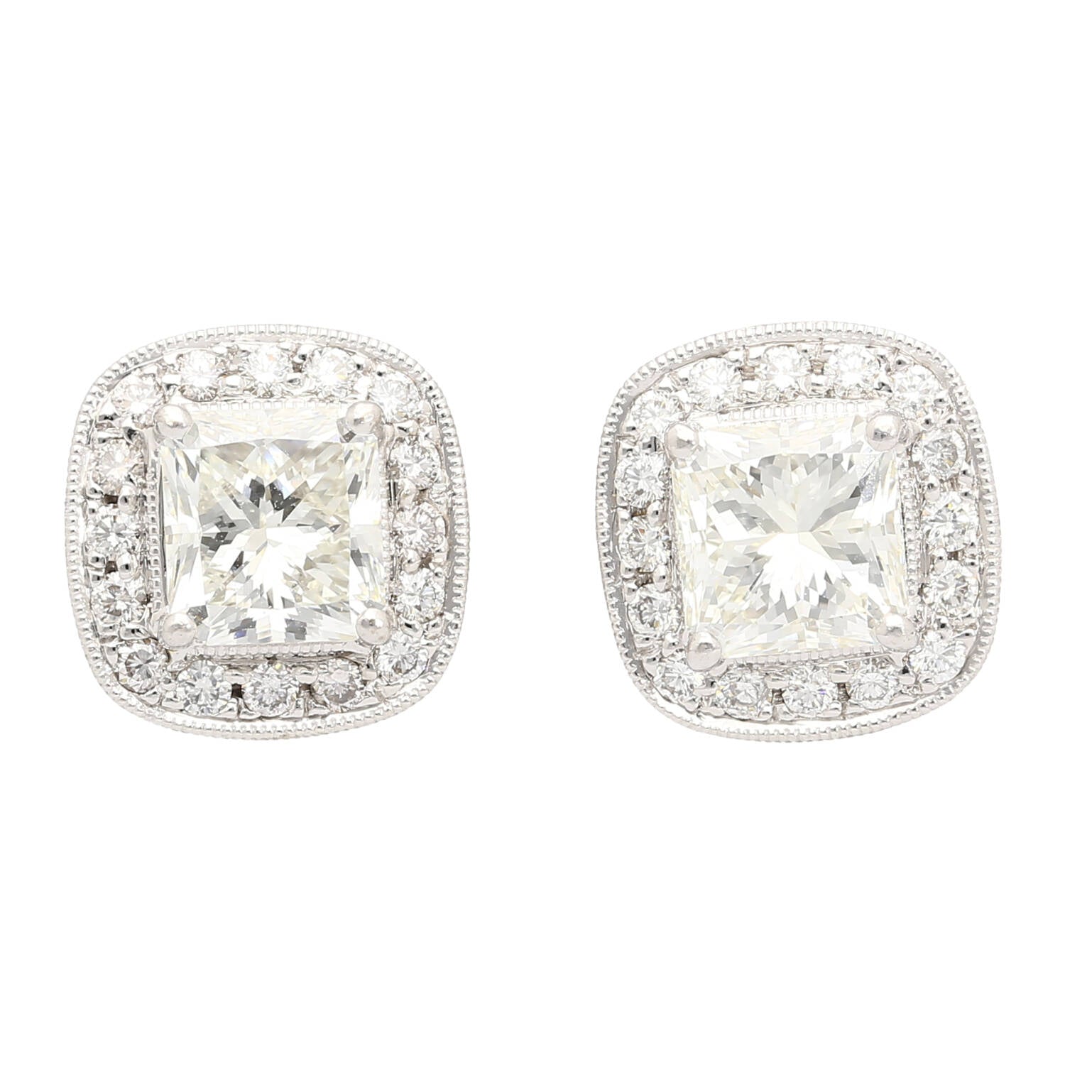 GIA Certified 3 Carat Total Radiant Cut Diamond Stud Earrings in 18K White Gold-Earrings-ASSAY
