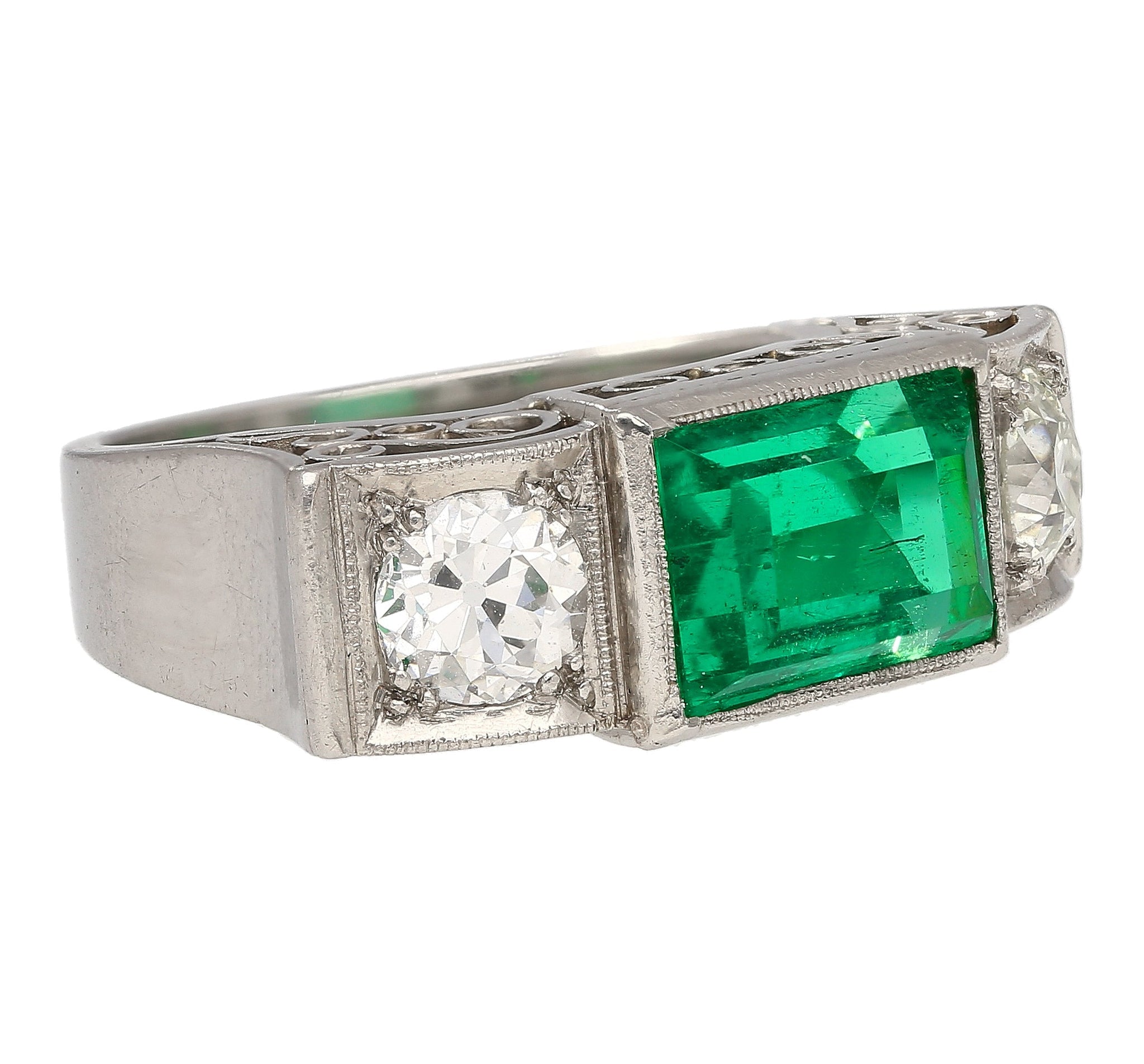 GIA Certified 3.10 Carat No Oil Muzo Colombian Emerald & Old Cut Diamond Ring-Rings-ASSAY