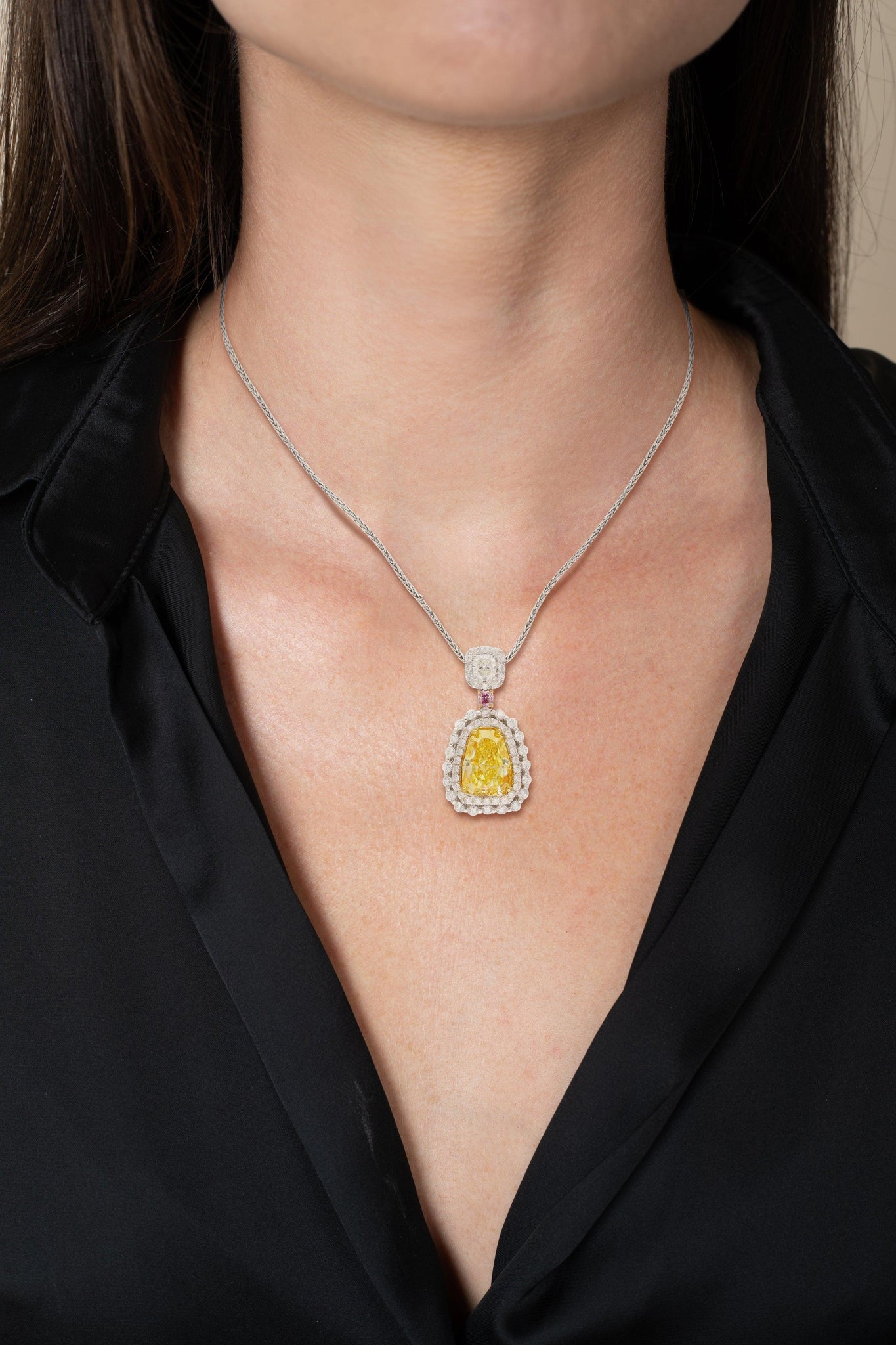 GIA Certified 3.28 Carat Fancy Intense Yellow Shield Kite Cut Natural Diamond Pendant Necklace-Necklace-ASSAY