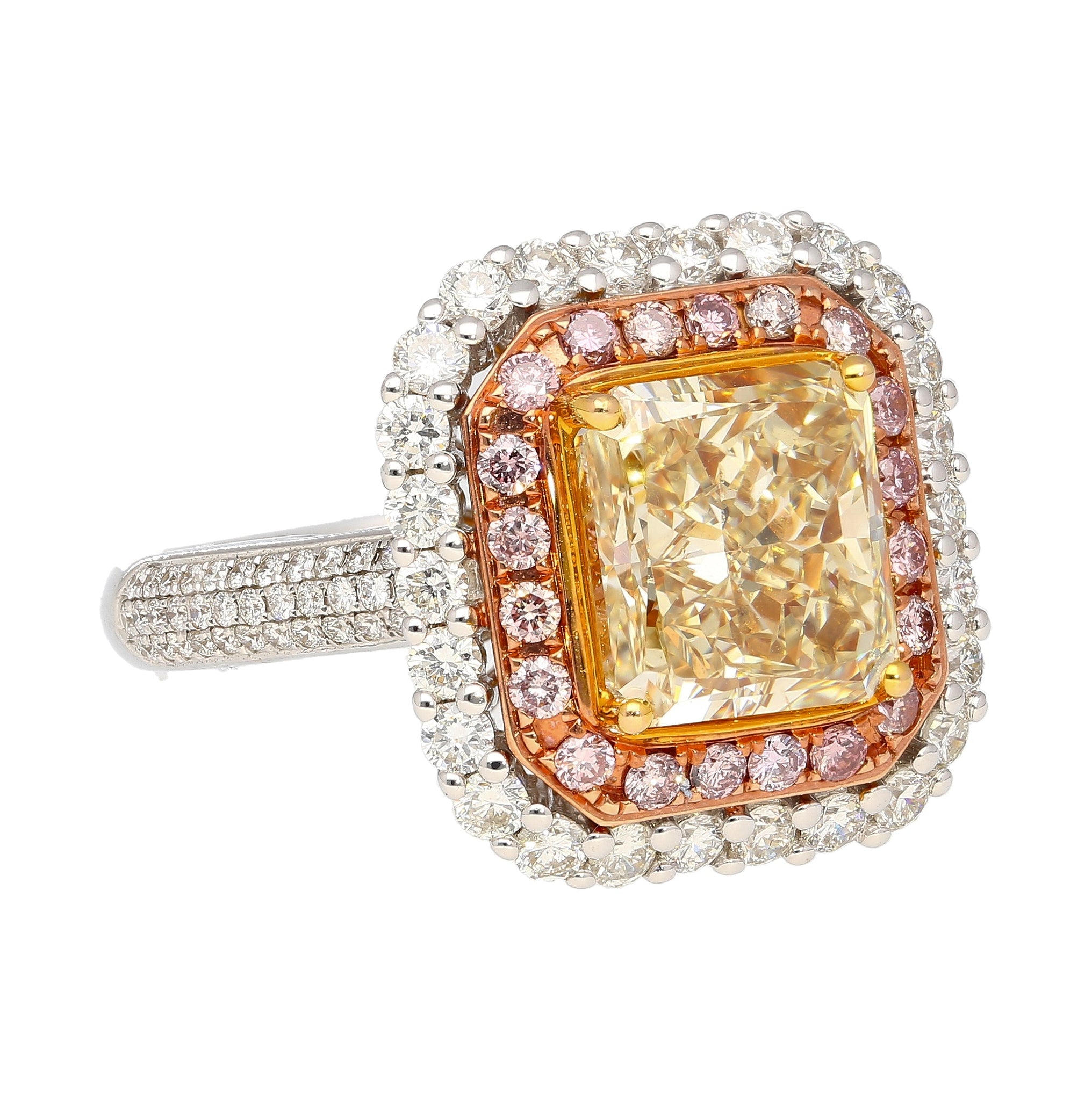 GIA Certified 3.51 Carat Fancy Brownish Yellow Diamond Ring with Pink and White Diamond Halo