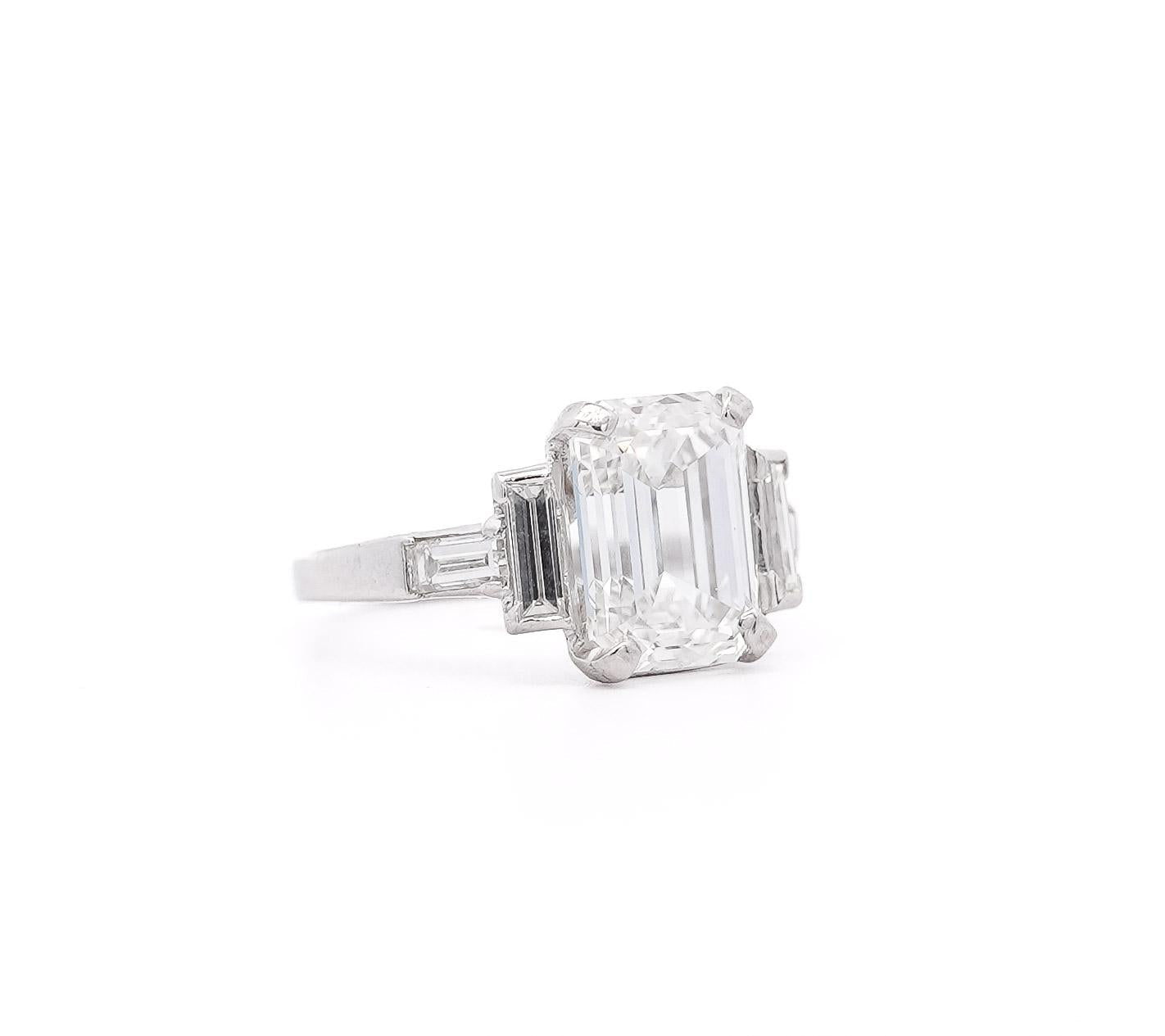 GIA Certified 4.51 Carat Emerald Cut Lab Grown Diamond in Vintage Platinum Ring