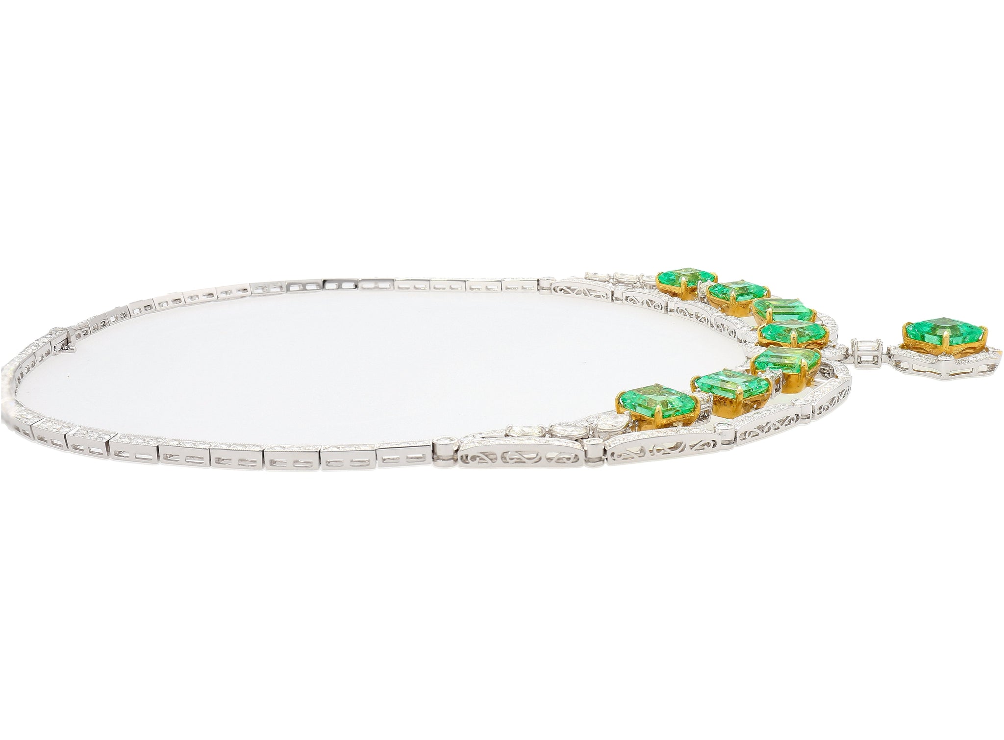 GIA Certified 6.21 Carat Emerald and 30.38 Carat Emerald With 9.86 Carat Diamonds Chandelier Necklace