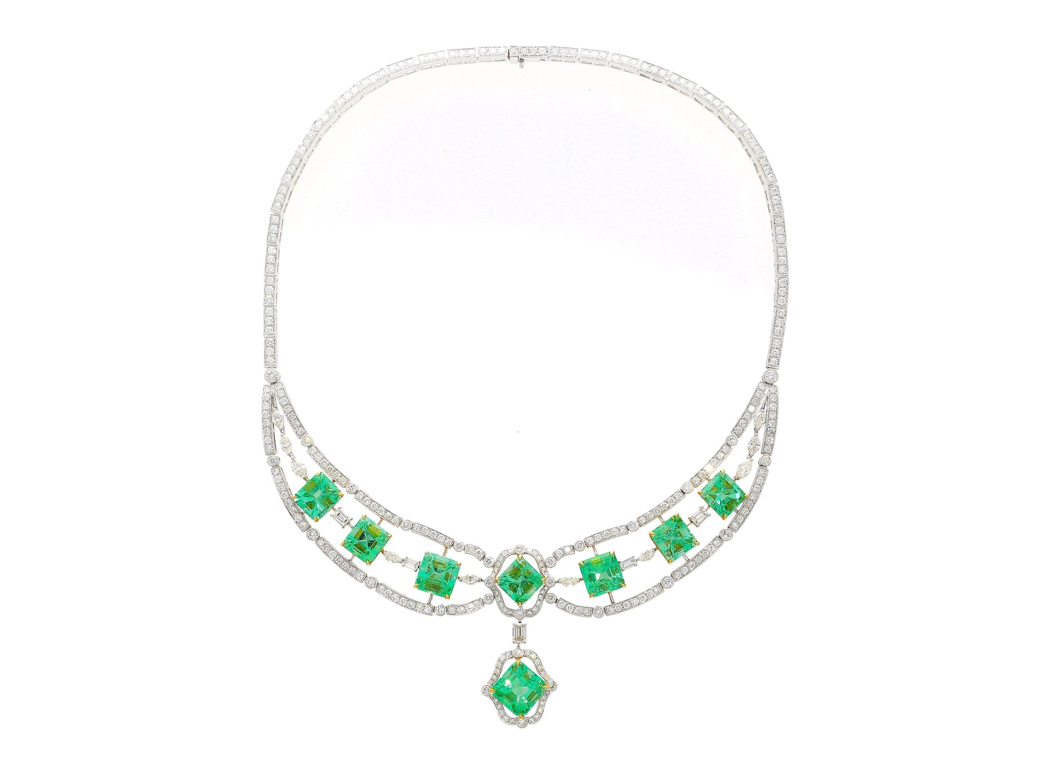 GIA Certified 6.21 Carat Emerald and 30.38 Carat Emerald With 9.86 Carat Diamonds Chandelier Necklace-Necklace-ASSAY