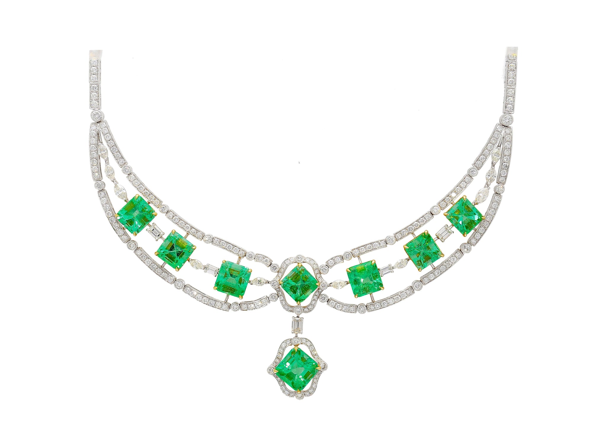 GIA Certified 6.21 Carat Emerald and 30.38 Carat Emerald With 9.86 Carat Diamonds Chandelier Necklace