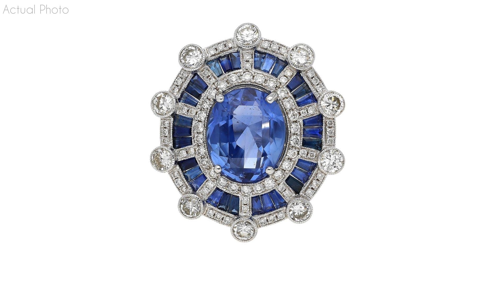 GIA Certified 8.46 Carat No Heat Blue Sapphire & Diamond Art Deco Style Ring