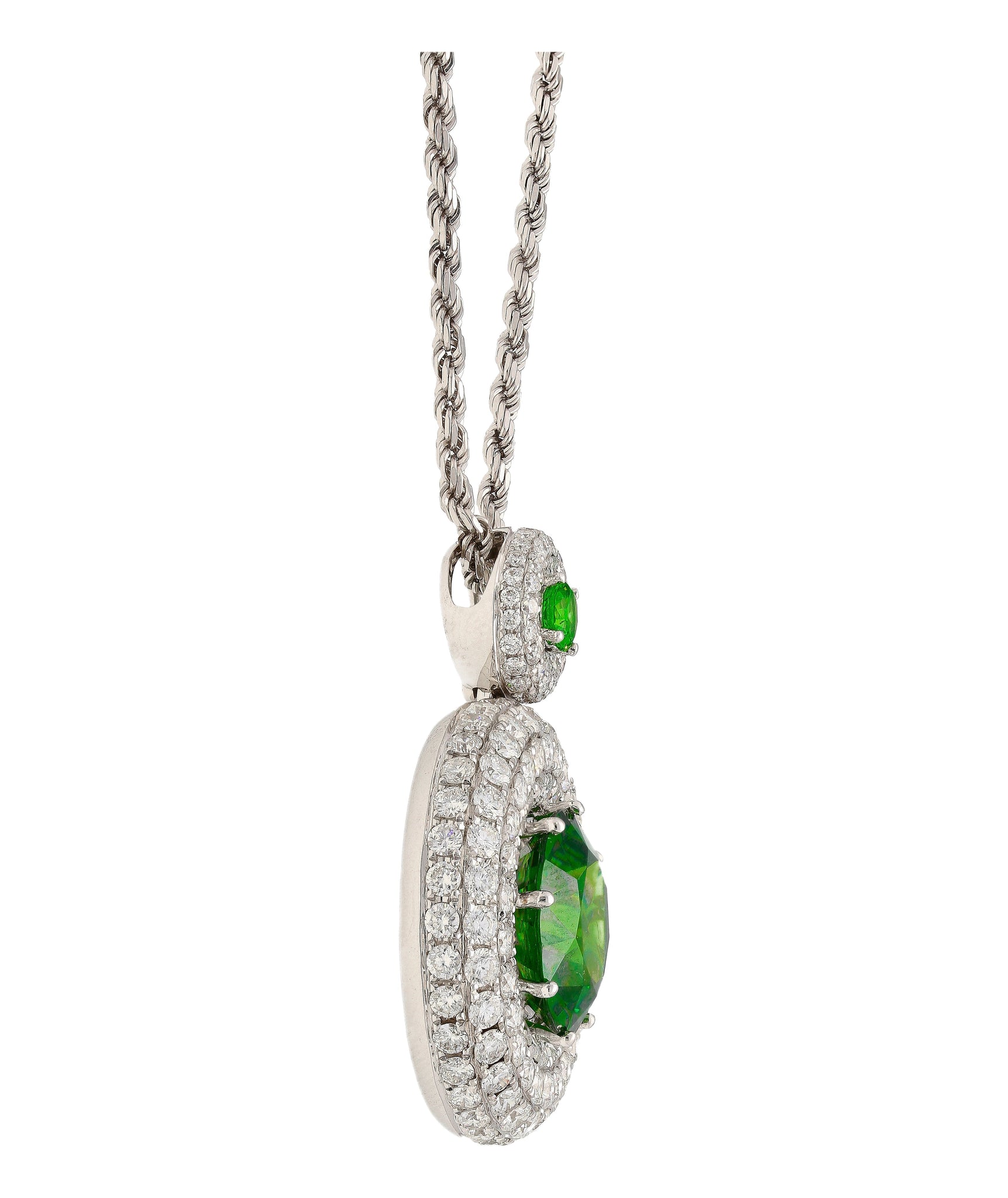GIA Certified 8.58 Carat Demantoid Pendant Necklace with Diamond Halo in 18K White Gold