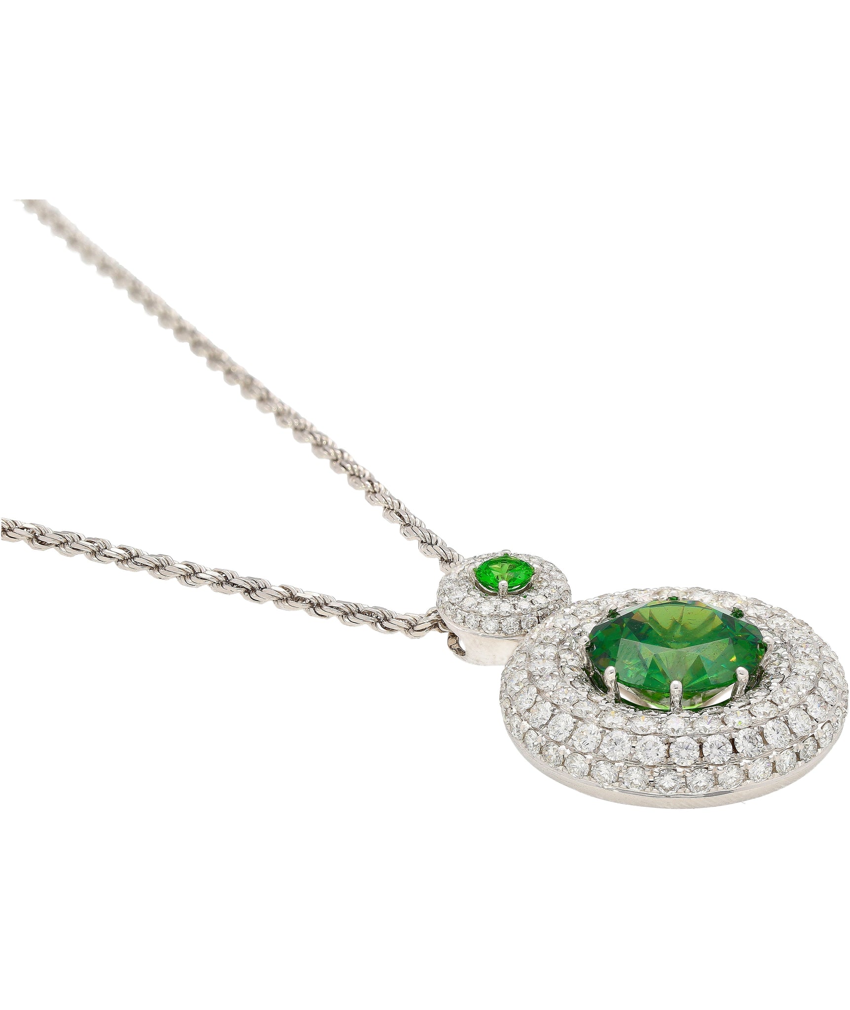 GIA Certified 8.58 Carat Demantoid Pendant Necklace with Diamond Halo in 18K White Gold