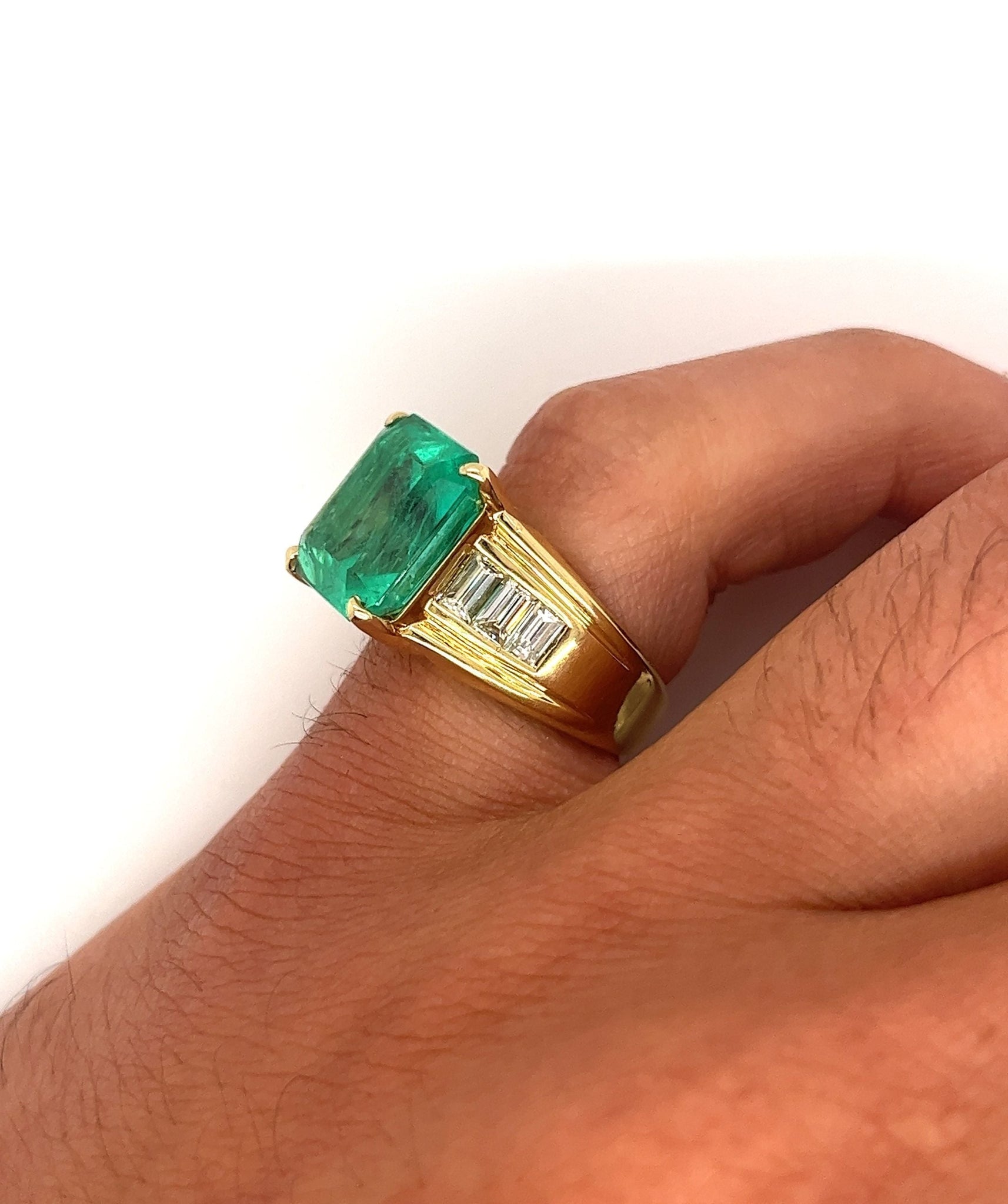 8.64 Carat Colombian Emerald & Baguette Diamond Mens Ring in 18K Yellow Gold-Rings-ASSAY