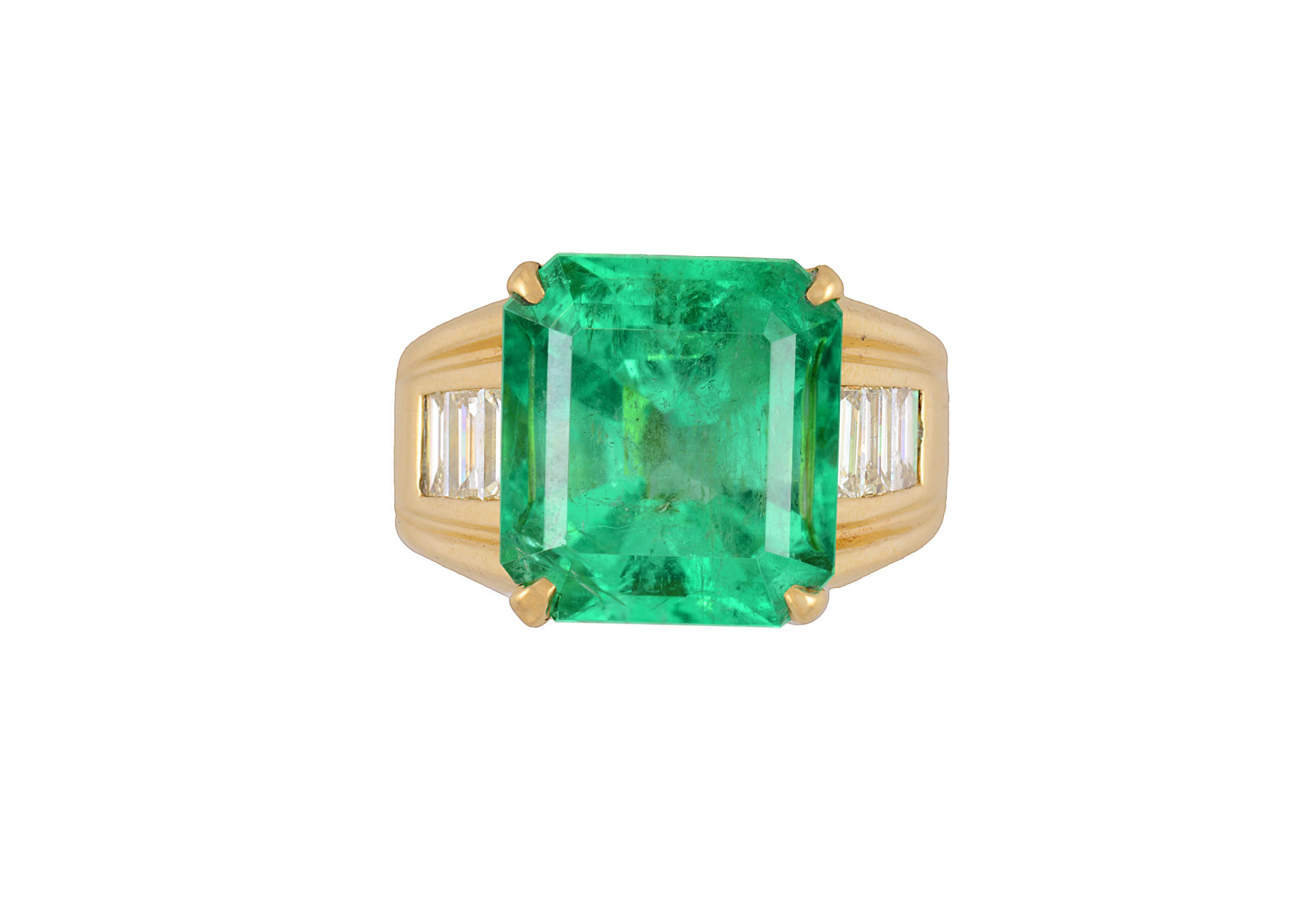 GIA Certified 8.64 Carat Colombian Emerald & Baguette Diamond Mens Ring in 18K Yellow Gold