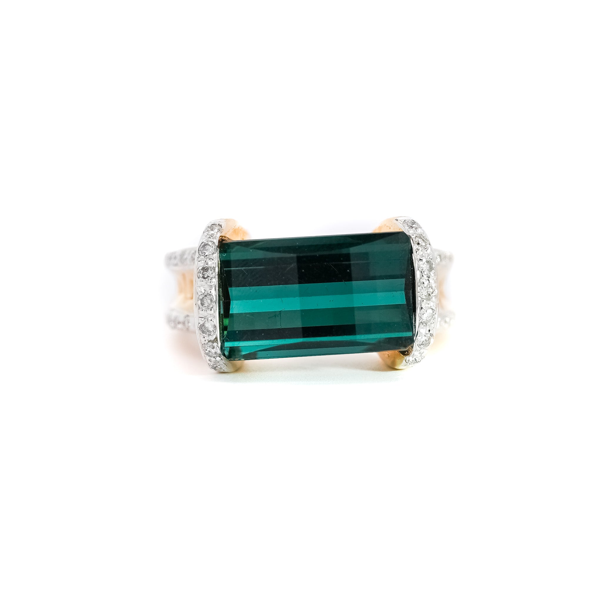 GIA Certified Blue-Green Rectangle Cut Tourmaline & Diamond Ring in 18K Carved Gold-Semi Precious Jewelry-ASSAY