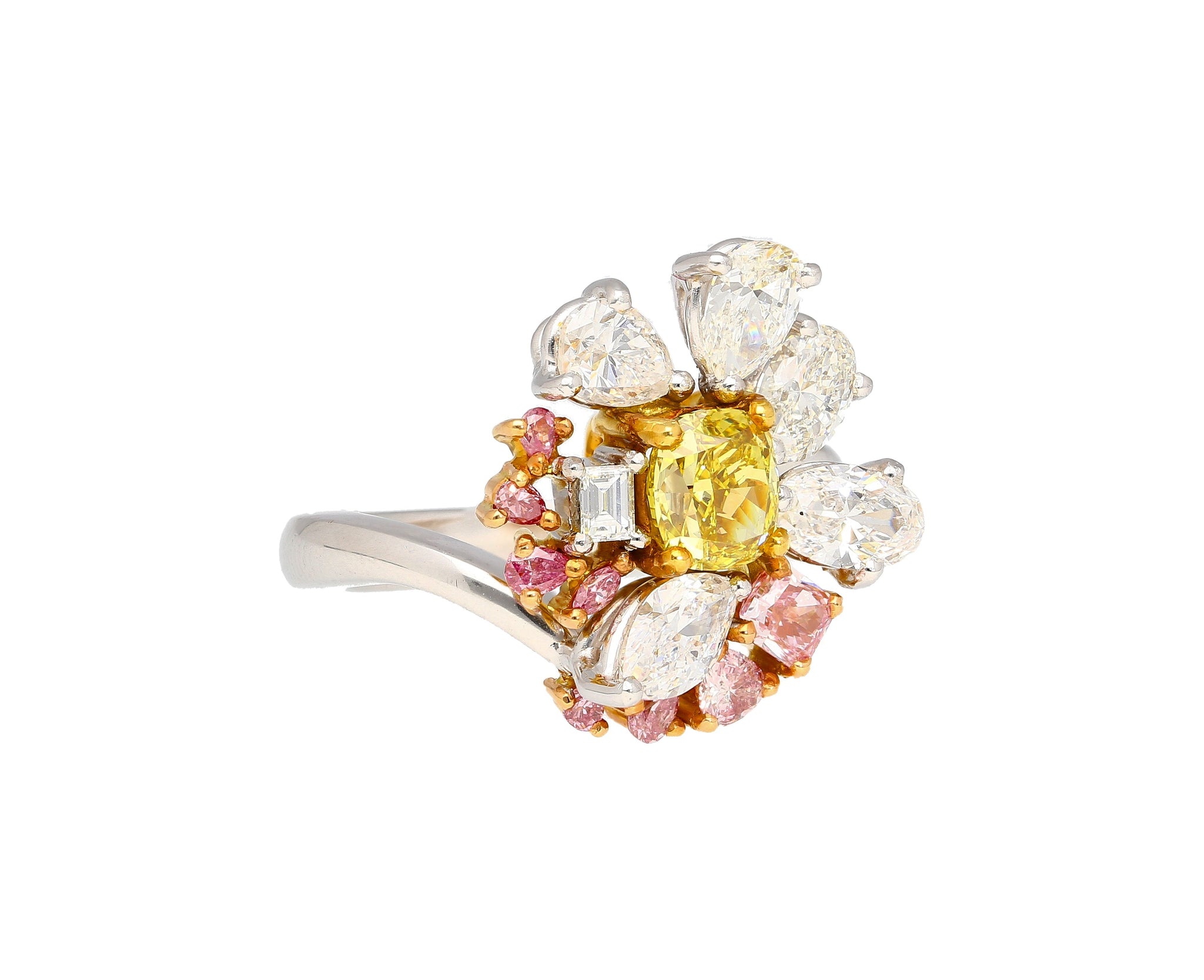 GIA Certified Fancy Yellow Cushion Cut Diamond with Pink and White Diamond Side Stones in Platinum 950 & 18K White Gold