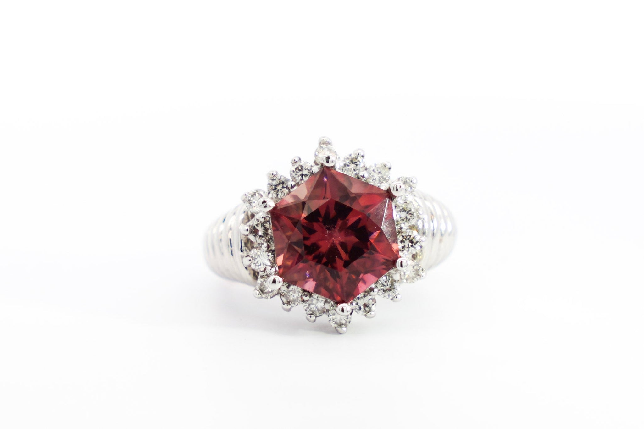 GIA Certified Hexagon Cut Pink Tourmaline with Diamond Halo Star Shape Ring in 18K White Gold-Semi Precious Jewelry-ASSAY
